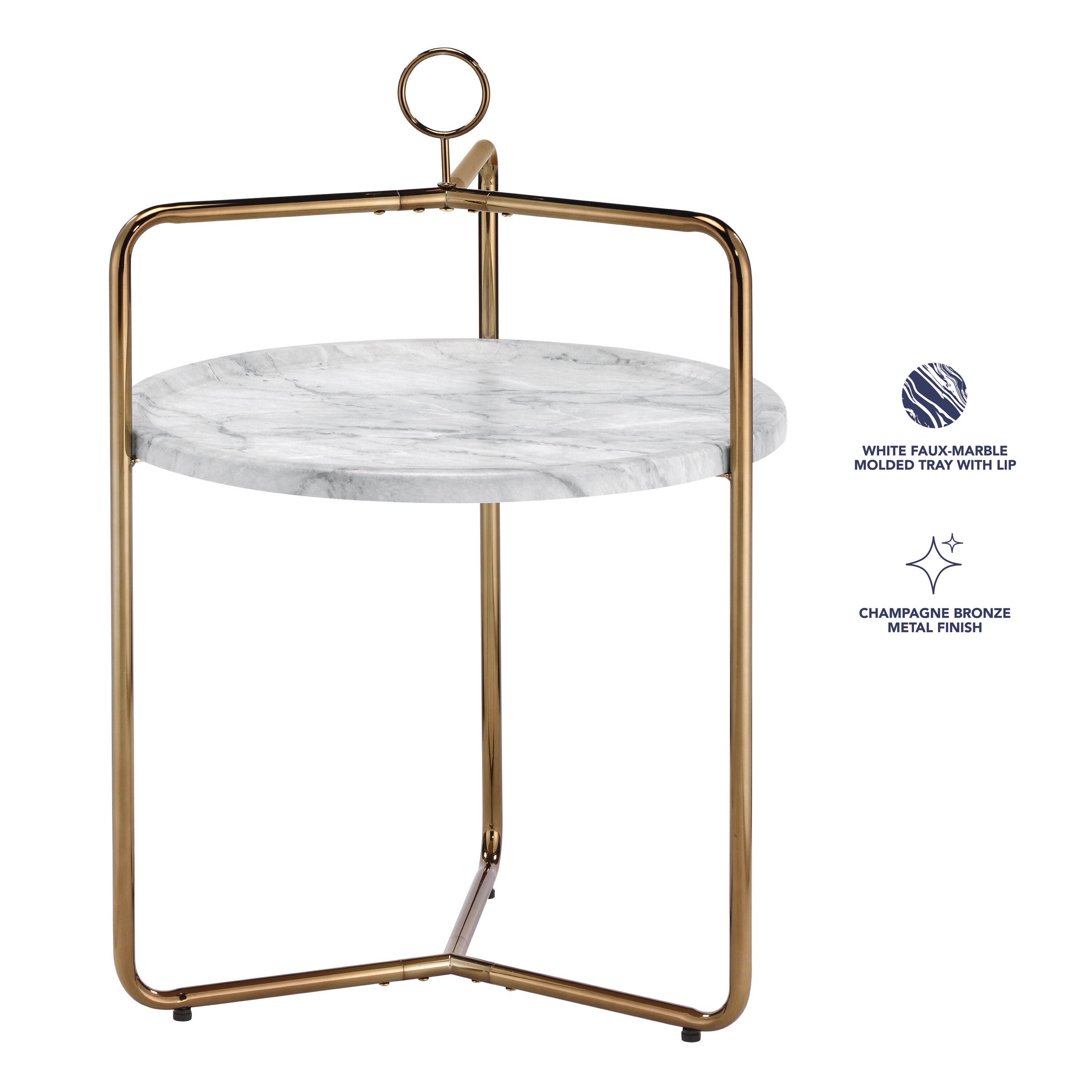 White Faux Marble and Gold Metal Round Side Table