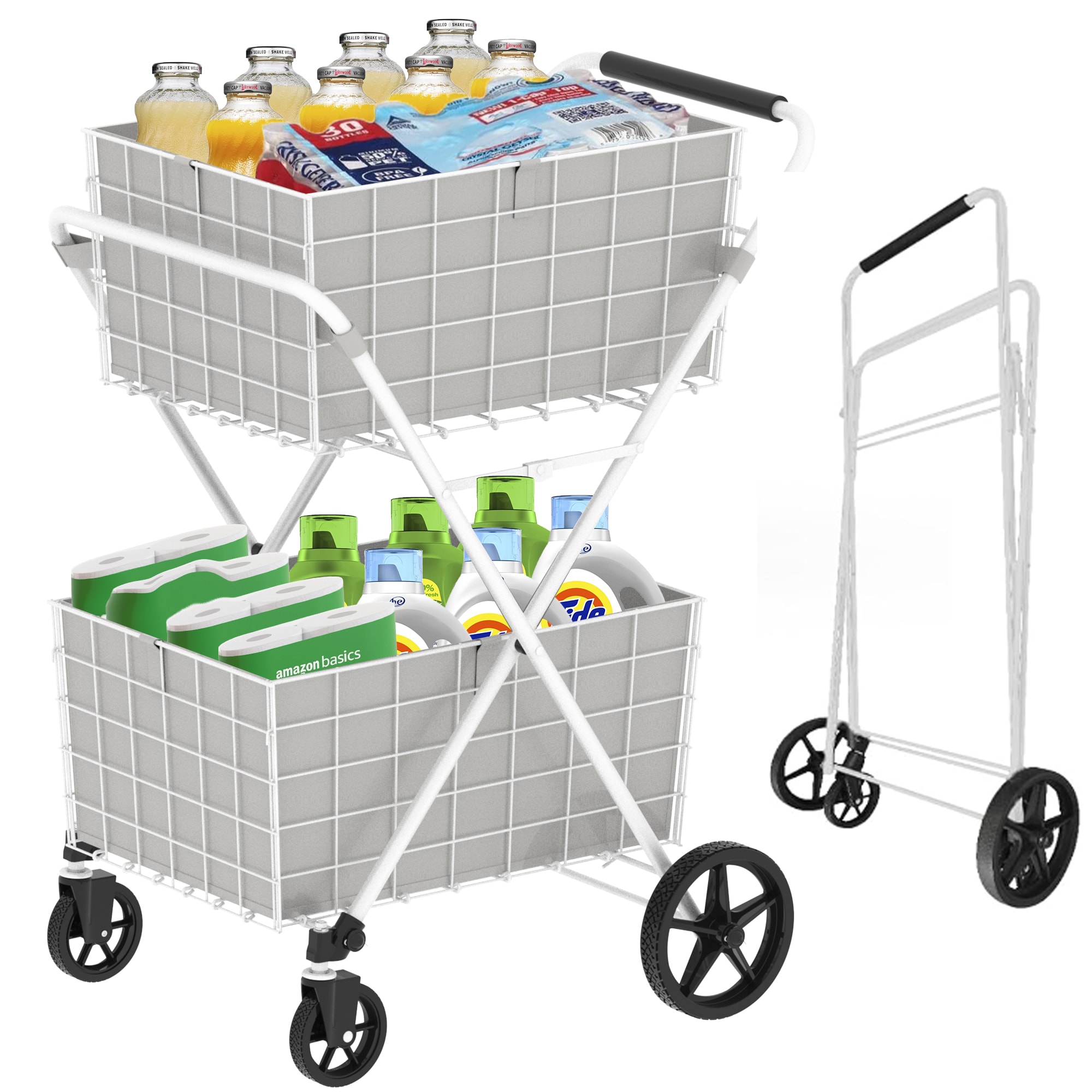 Tatayosi Extra Jumbo Shopping Cart;2 Layers Grocery Cart on Wheels; Foldable Utility Shopping Carts with Double Basket and 360° Rolling Swivel Wheels for Groceries Laundry; White #XH-1P338719