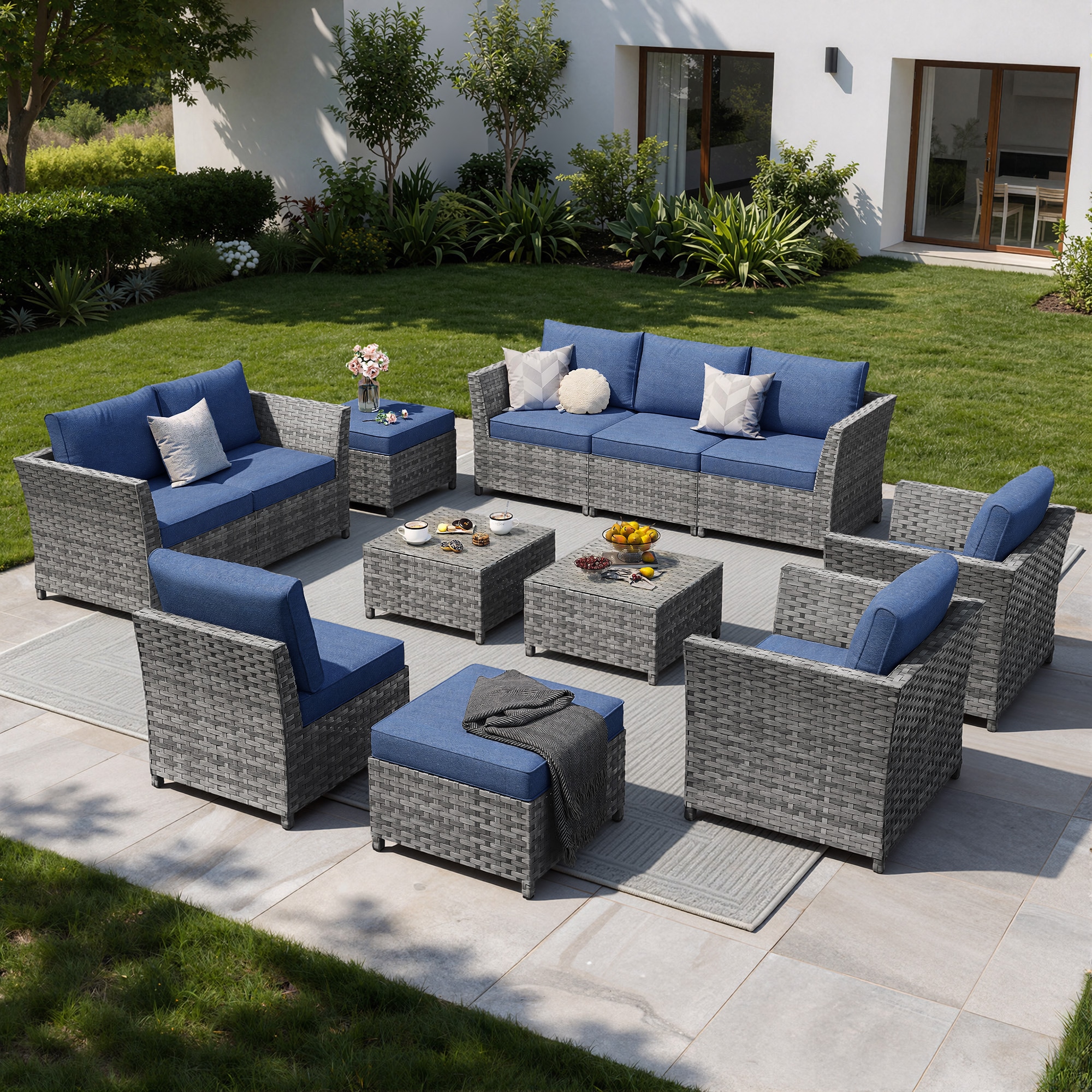 Pouuin Wicker Outdoor Sectional with Blue Cushions and Wicker Frame