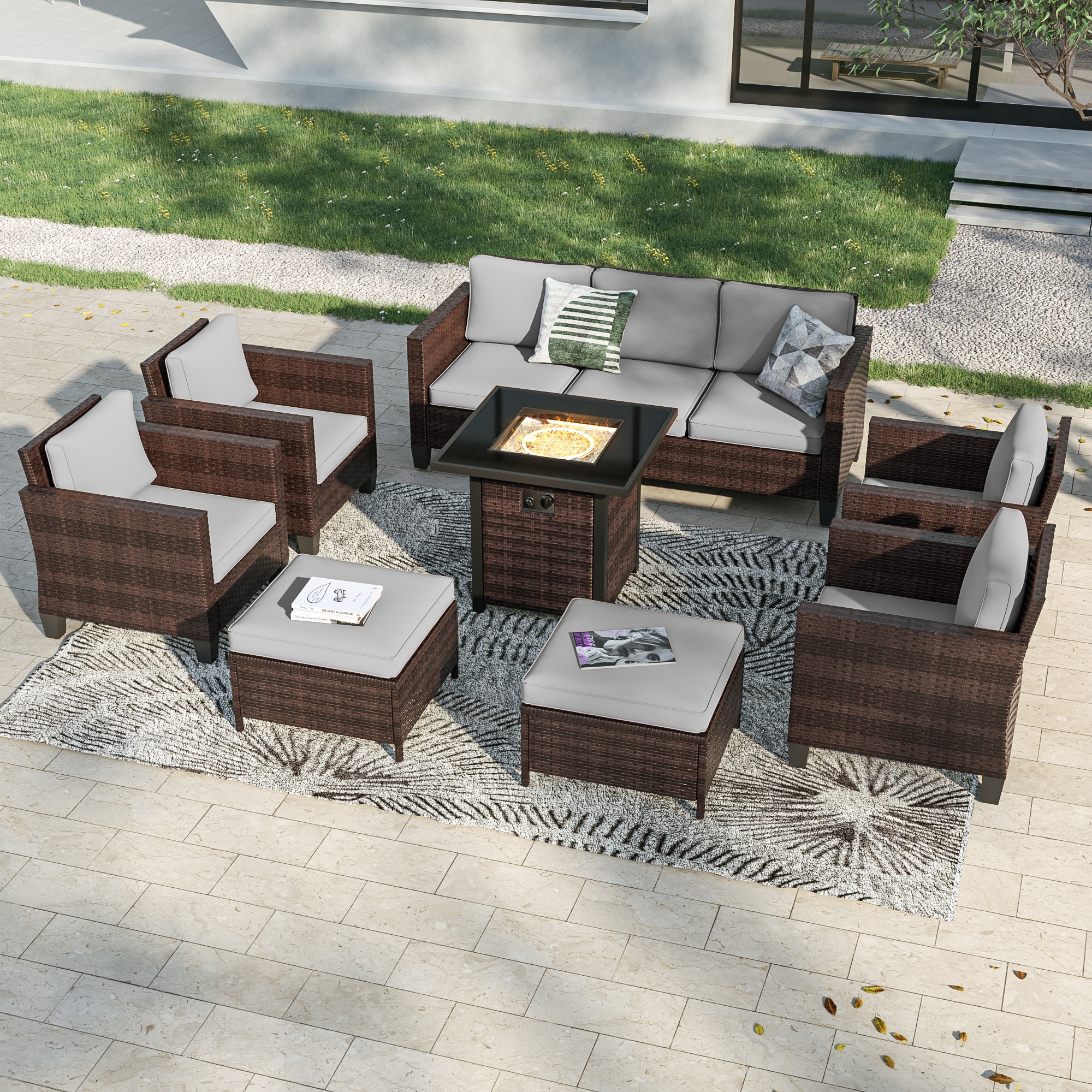 Sonkuki SD-PS-115BGY-S2T4 Patio Conversation Set 8 -Piece Wicker Patio Sofa Conversation Set with Gray Cushions