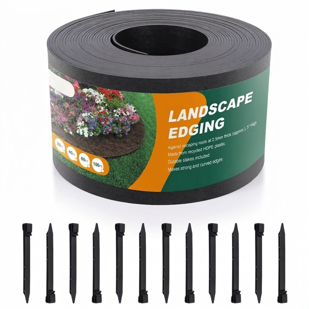 Justincity  60 ft Flexible Plastic Landscape Edging Roll 5 in High Black Garden Border for Flower Beds Pathways Yard Includes 18 Stakes