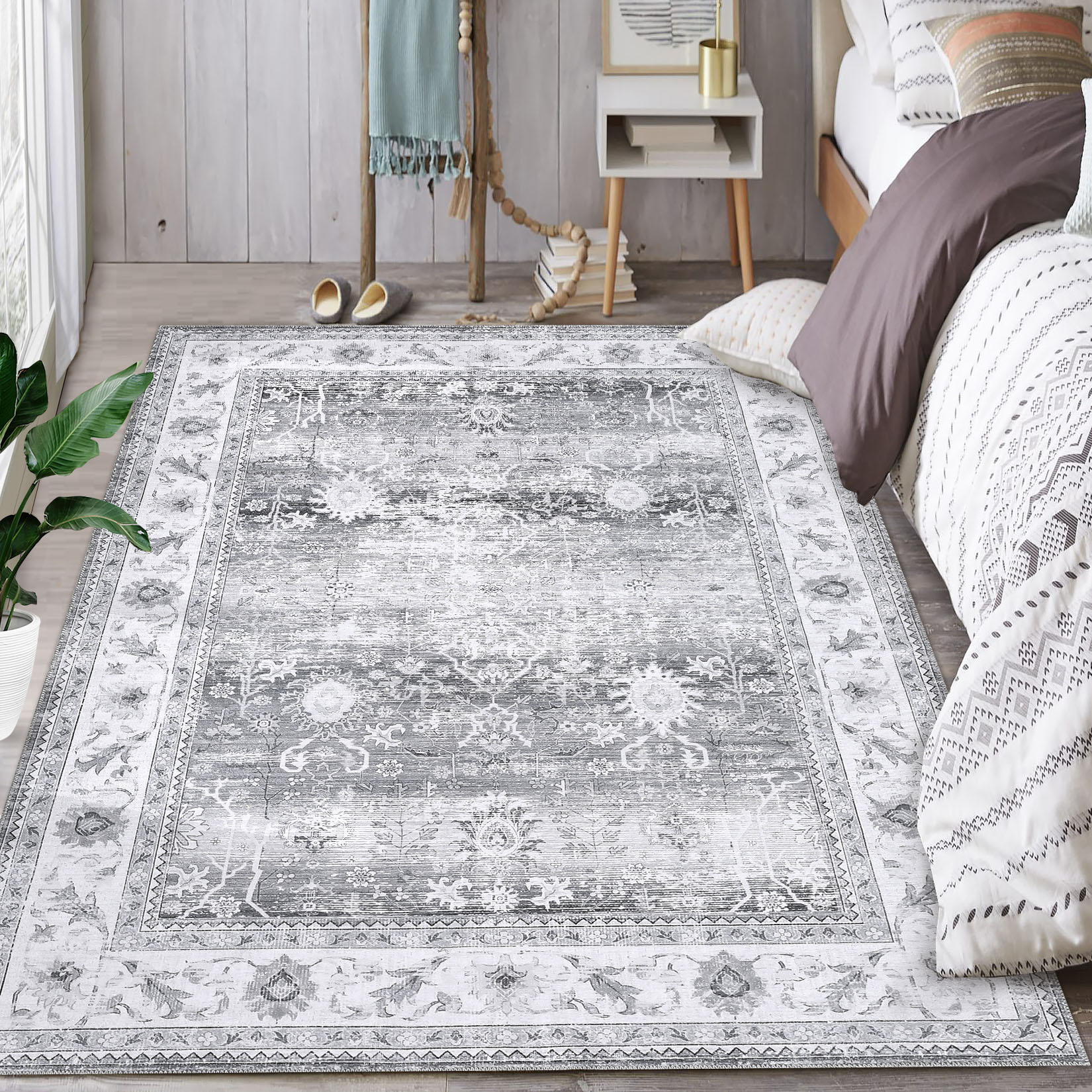 Garvee YXY-LO-PHO-0XT3TPU9 4 x 6 (ft) Microfiber Gray Rectangular Indoor Floral/Botanical Persian Machine washable Area rug