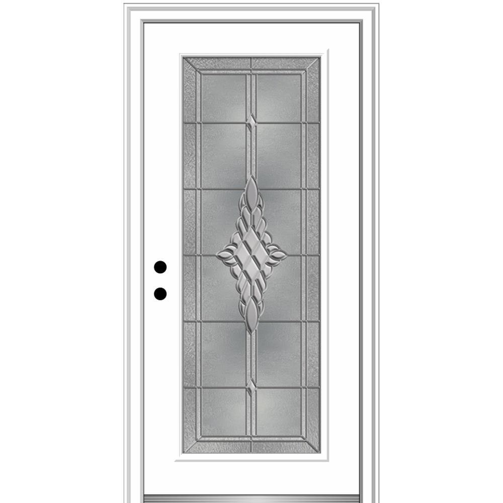 MMI DOOR ZZ3656284R 34-in x 80-in x 4-9/16-in Fiberglass Full lite Right-hand inswing Primed Prehung Front Door with Brickmould Insulating core