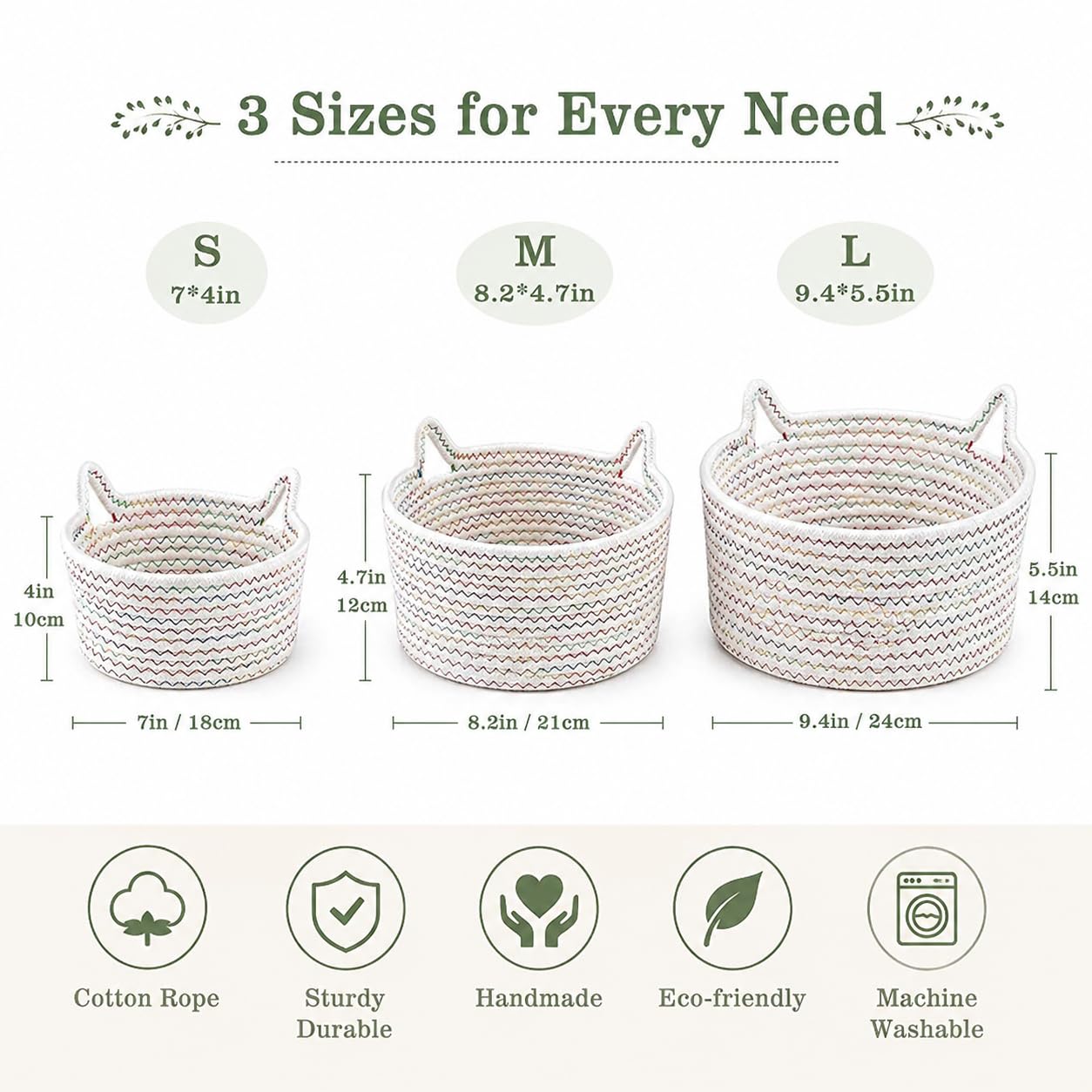 KIWDZFU Small Woven Baskets Set of 3 Cotton Rope Storage Bins with Cat ...