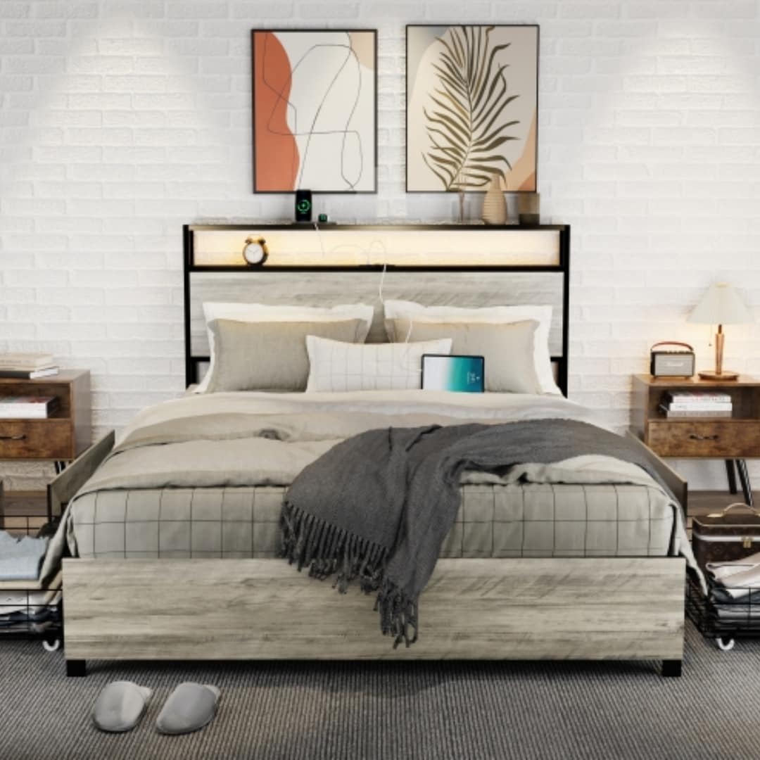 ZAKLOOP WU636P168261 Gray Queen Metal Platform Bed