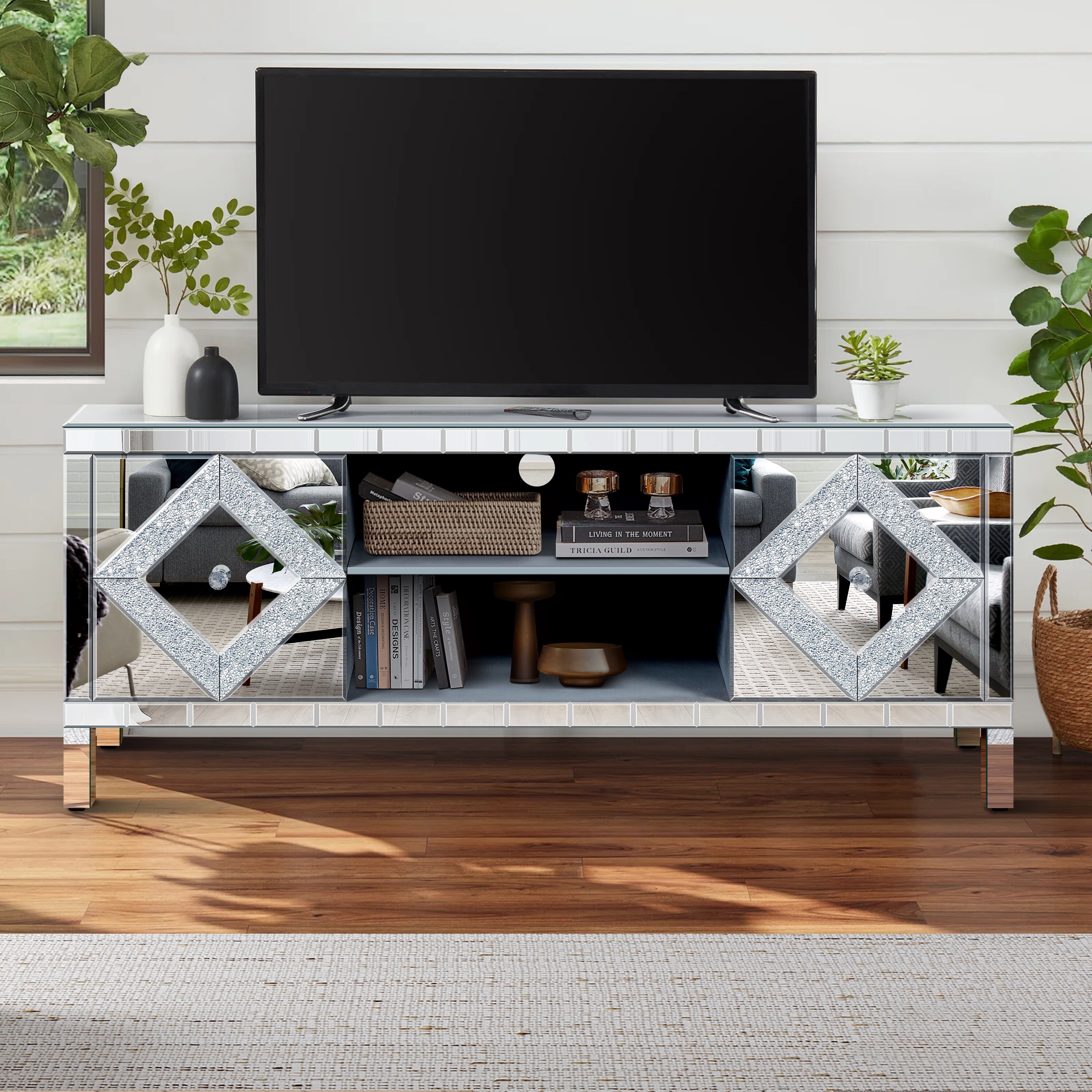 LOVMOR SF-H-W1445P204027 Mirrored TV Stand for 65+ inch TV Sliver TV Console Table with Open Storage and 2 Storage Cabinets  Diamond Shape Sparkling Mirror Doors for Living Room(59inW x 25.2inH x 15.7D)