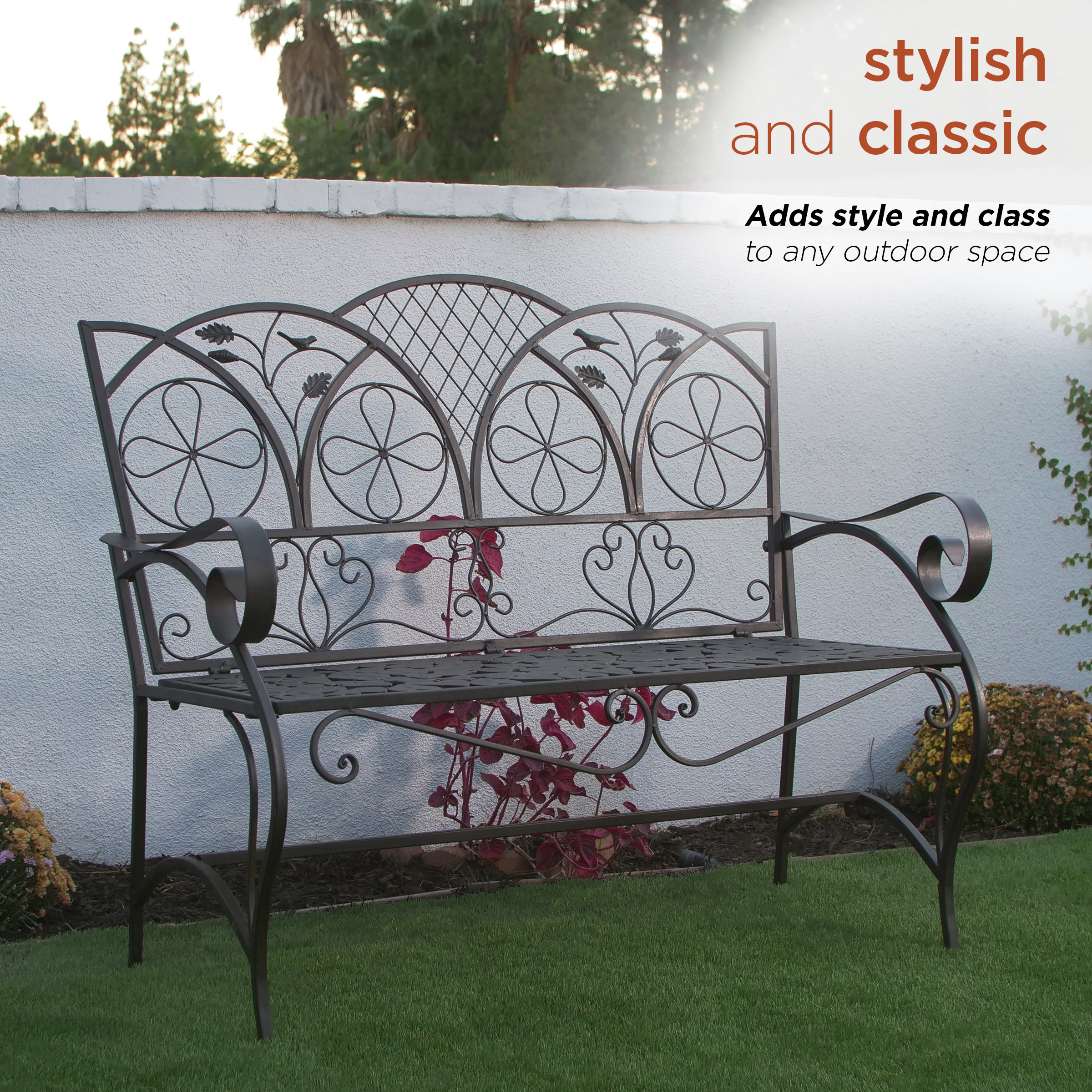 Elegant Alpine 45'' Brown Metal Garden Bench with Backrest