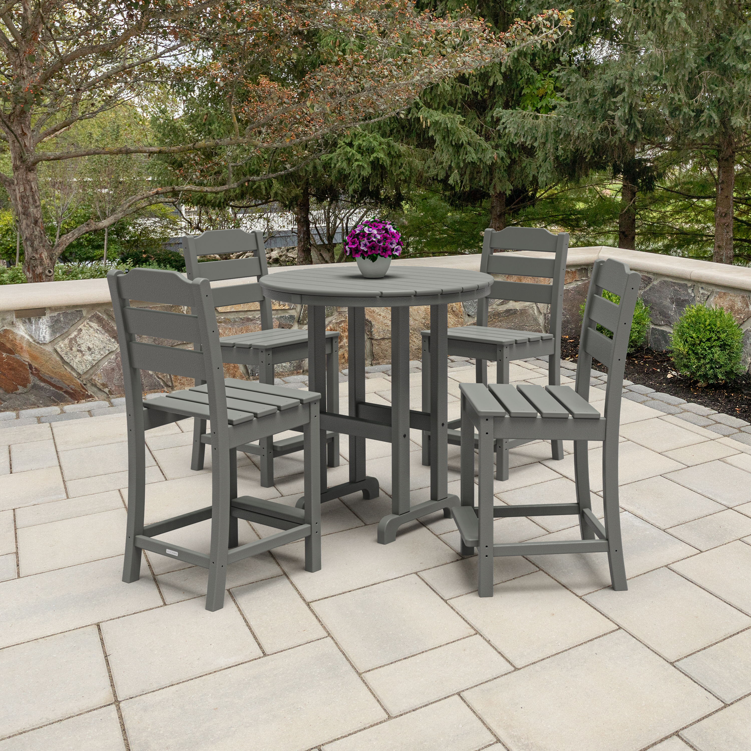 POLYWOOD PWS2542-1-GY Oakport 5 -Piece Slate Grey Balcony Height Patio Dining Set Plastic Round Table with 4 Stationary Chairs
