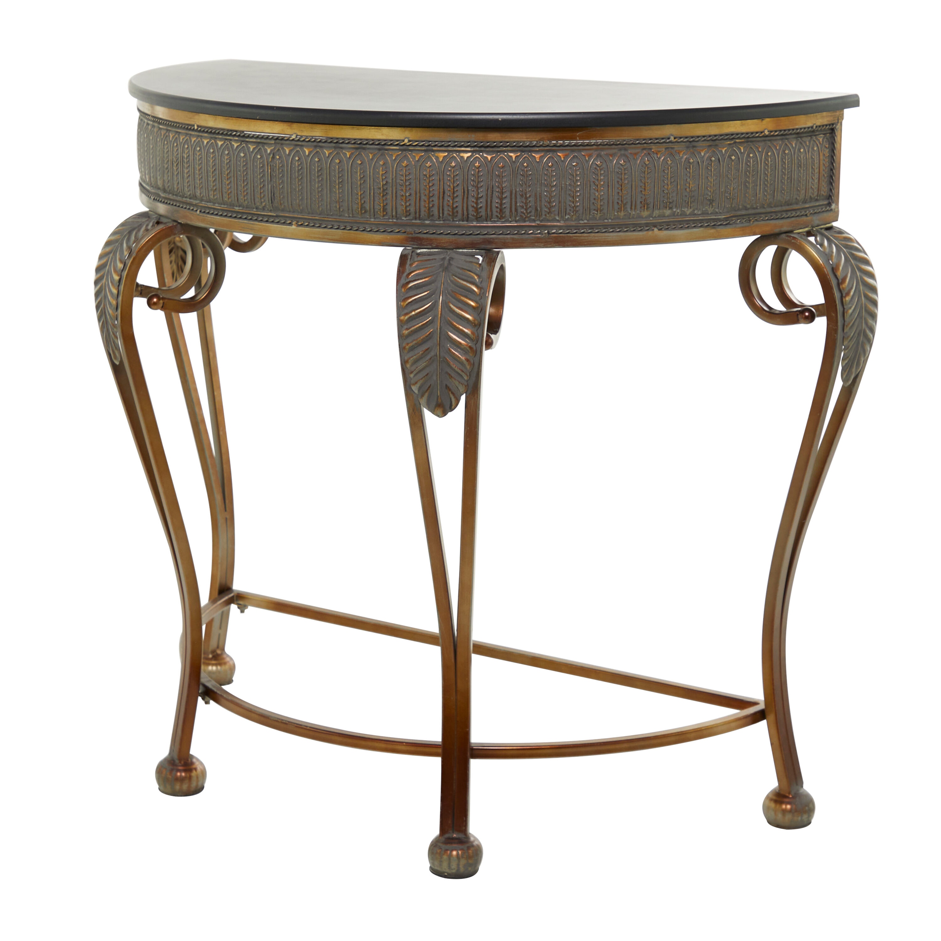 Gold Metal Demilune Console Table with Ornate Scroll Legs