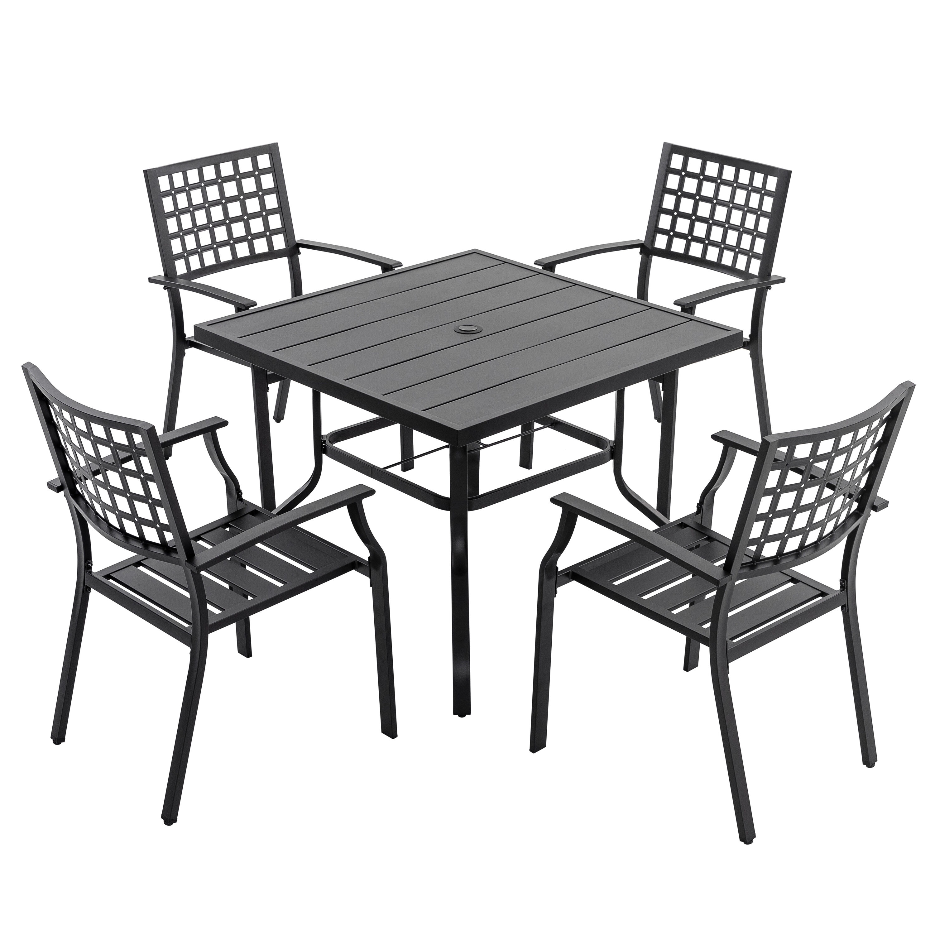 Black Iron 5-Piece Square Outdoor Dining Set with Umbrella Hole