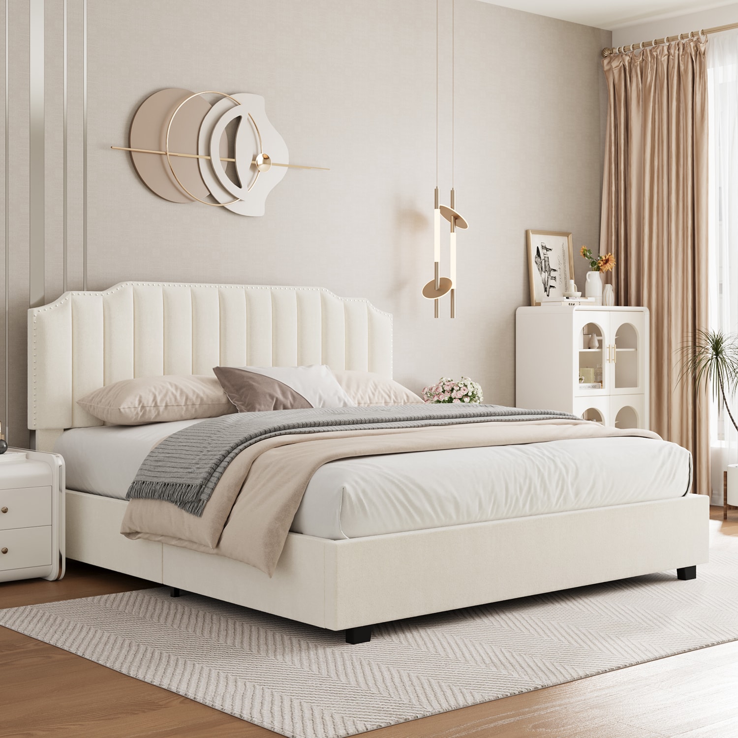 GZMR 496AAFUS-LC Lift Up Velvet Full Size Bed Beige Full Wood Bed Frame with Storage