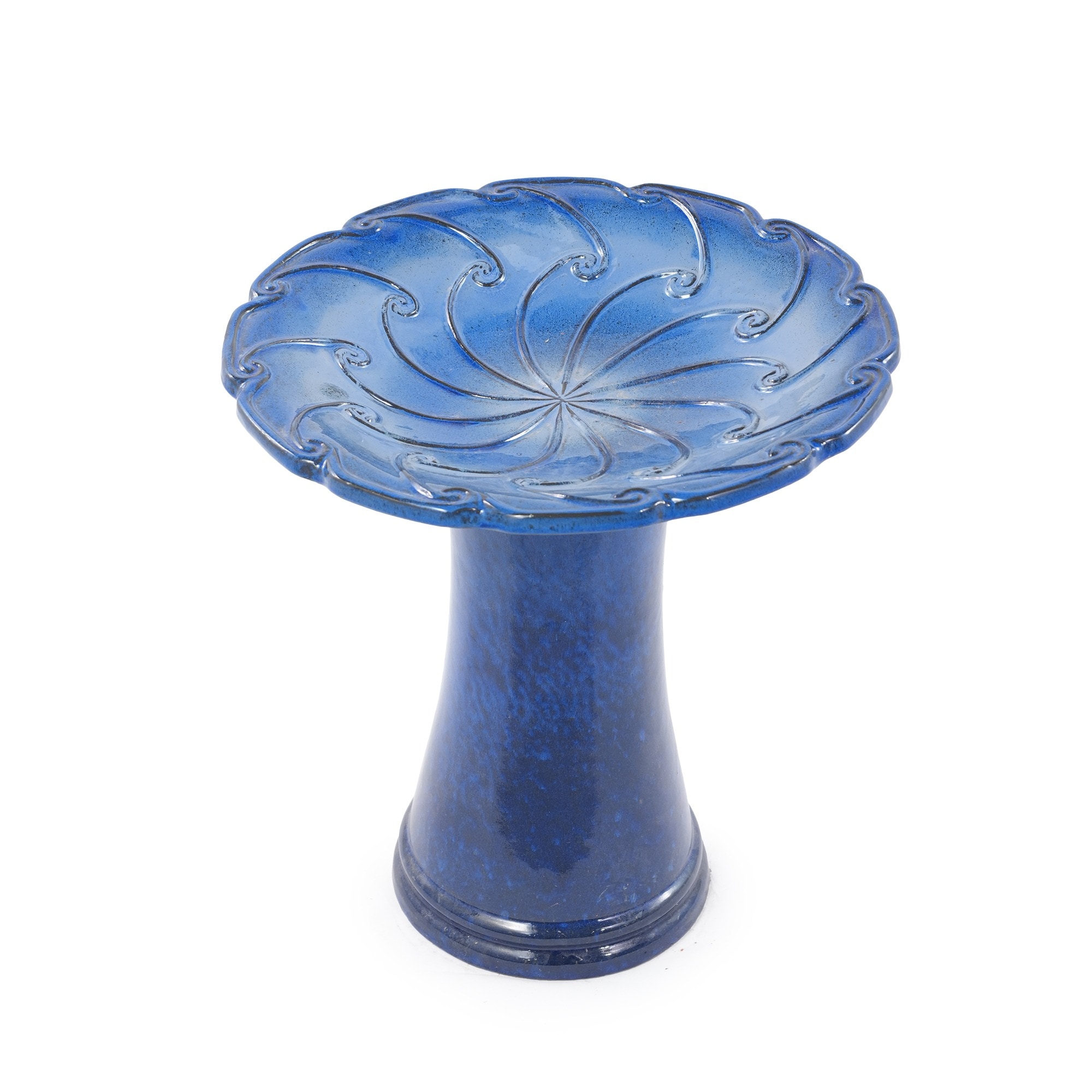 HyperDrop Cart 17-in W x 18-in H Sapphire Blue Glazed Ceramic Pedestal Bird Bath with Swirl Embossed Bowl for Outdoor Backyard