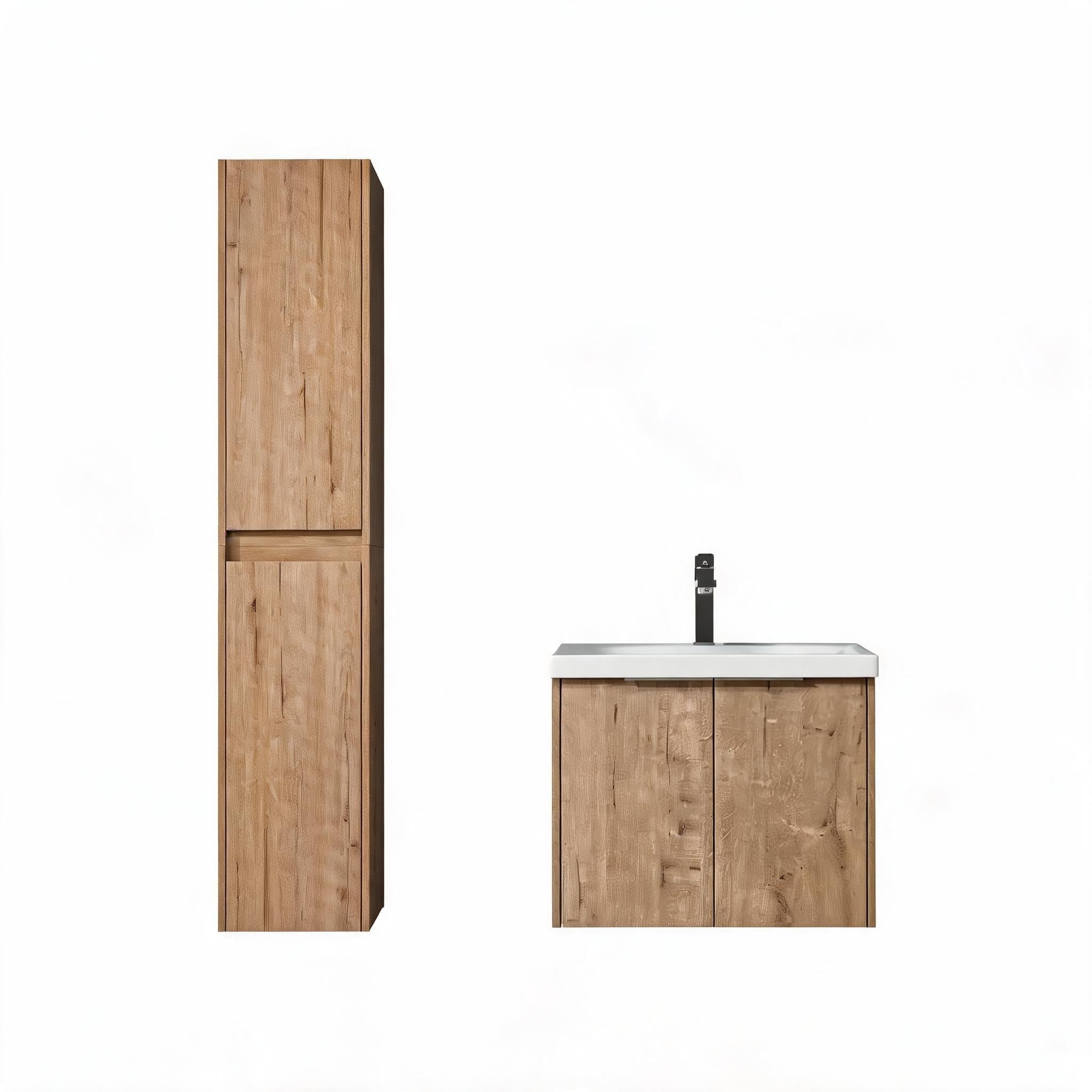 LIVACA 24 inch Imitative Oak Plywood Wall-Mounted Bathroom Vanity with Sink and Side Cabinet with Soft Close Doors