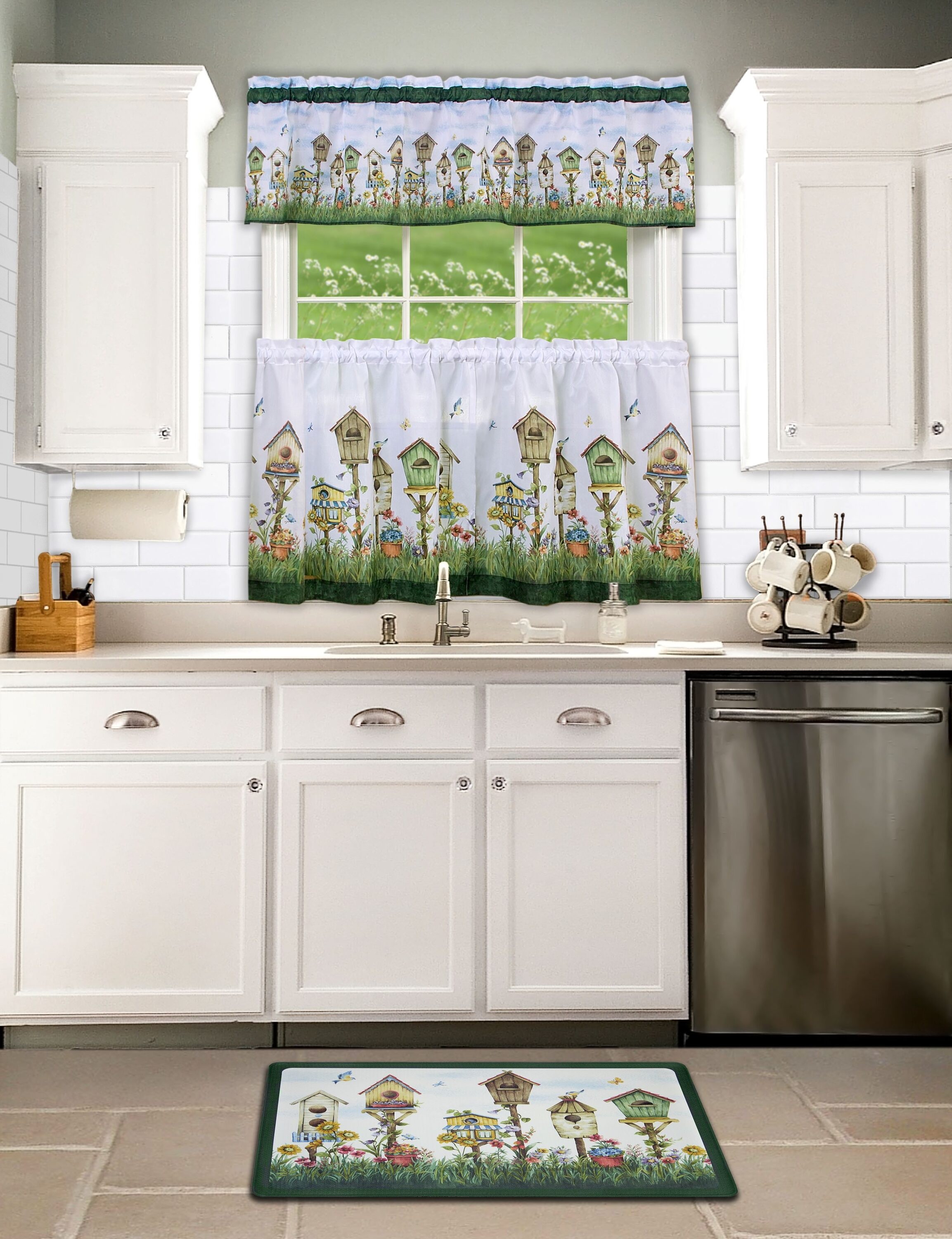 Pistachio Green Floral Birdhouse Print Tier Curtains with Valance