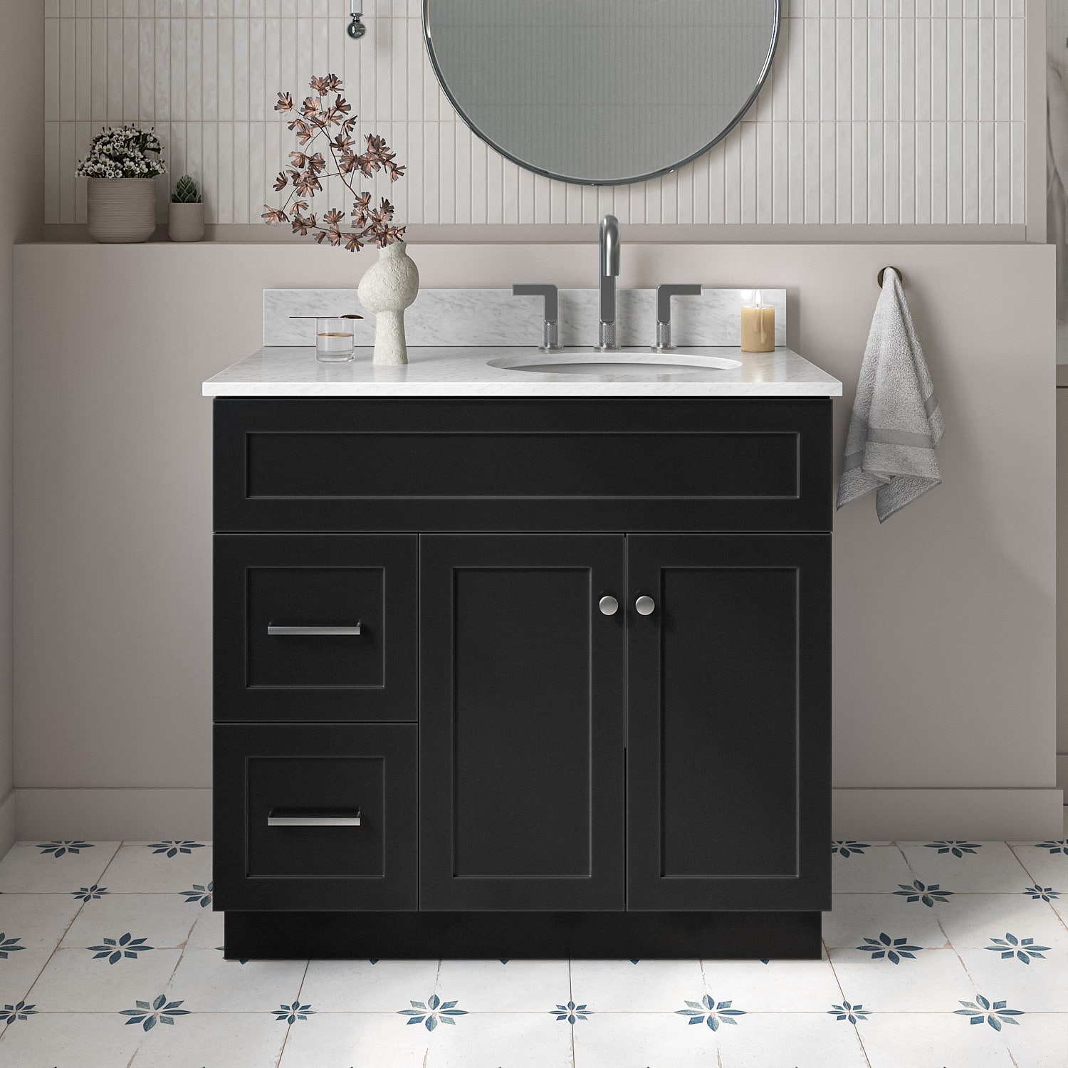 ARIEL F037SRCW2OVOBLK Hamlet 37-in Black Undermount Single sink Bathroom Vanity with 0.75" Carrara White Marble Natural marble Top