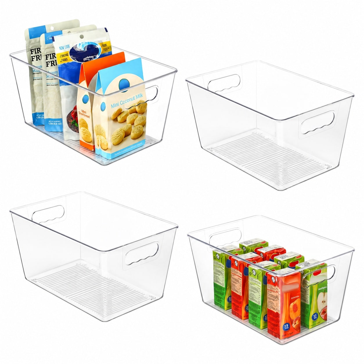 LAIFUCAM  Clear Plastic Pantry Organizer Bins 4 pcs Large Food Storage Containers with Handles for Refrigerator Freezer Cabinet Kitchen