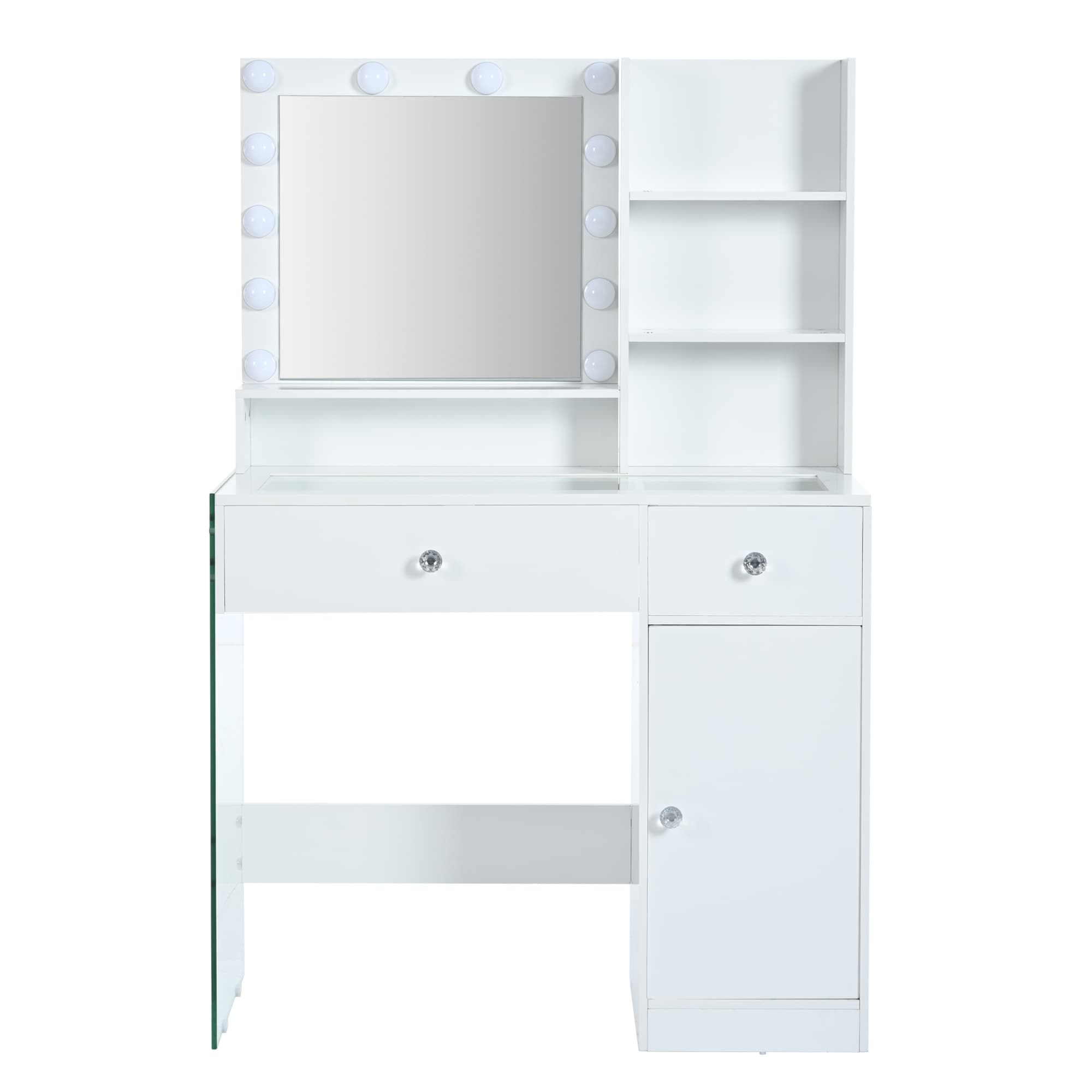 Vynxaria LESX1539DJVTHZZ035 White Vanity Desk with Mirror 3 Lighting Modes Glass Top 2 Drawers Cabinet Storage Shelves Makeup Dressing Table