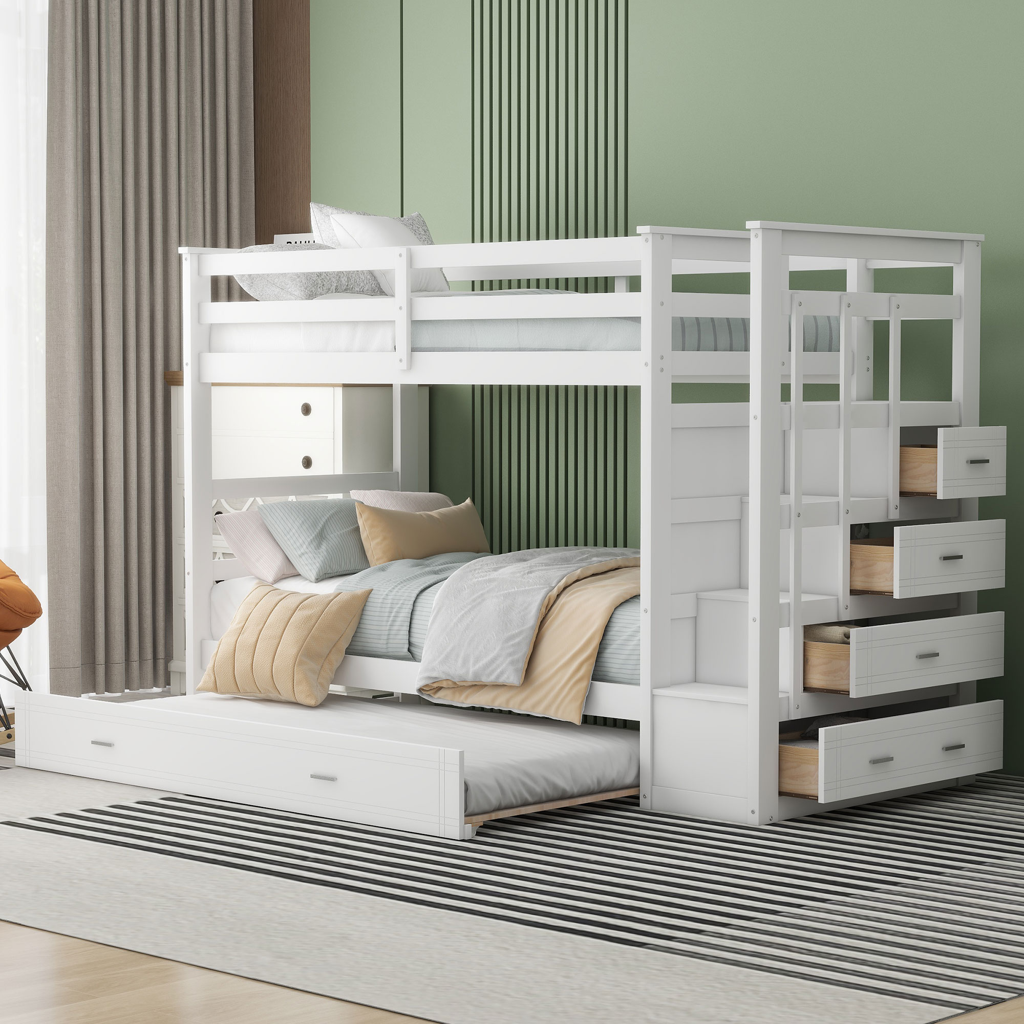 ModernLuxe LT000068AAK-1 Twin Over Twin Bunk Bed with Trundle and StaircaseWhite