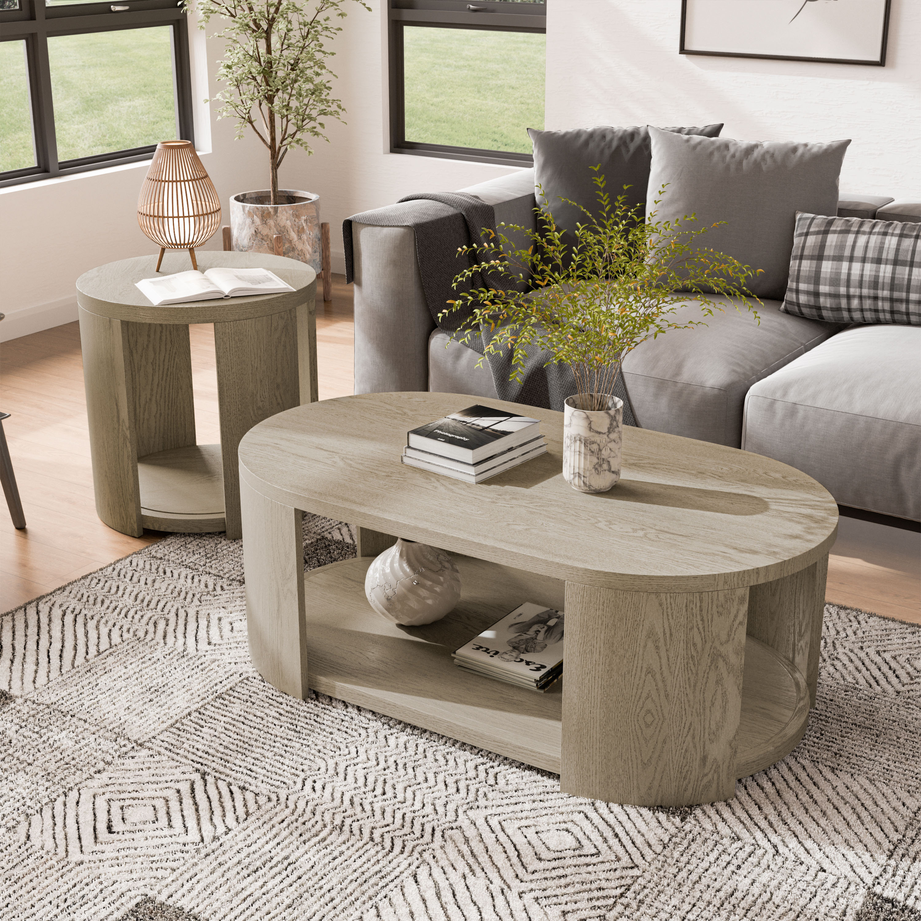 Furniture of America IDF49004AK-CO2P Rosin 2 -Piece Modern Oak Rubberwood Accent Table Set with Storage