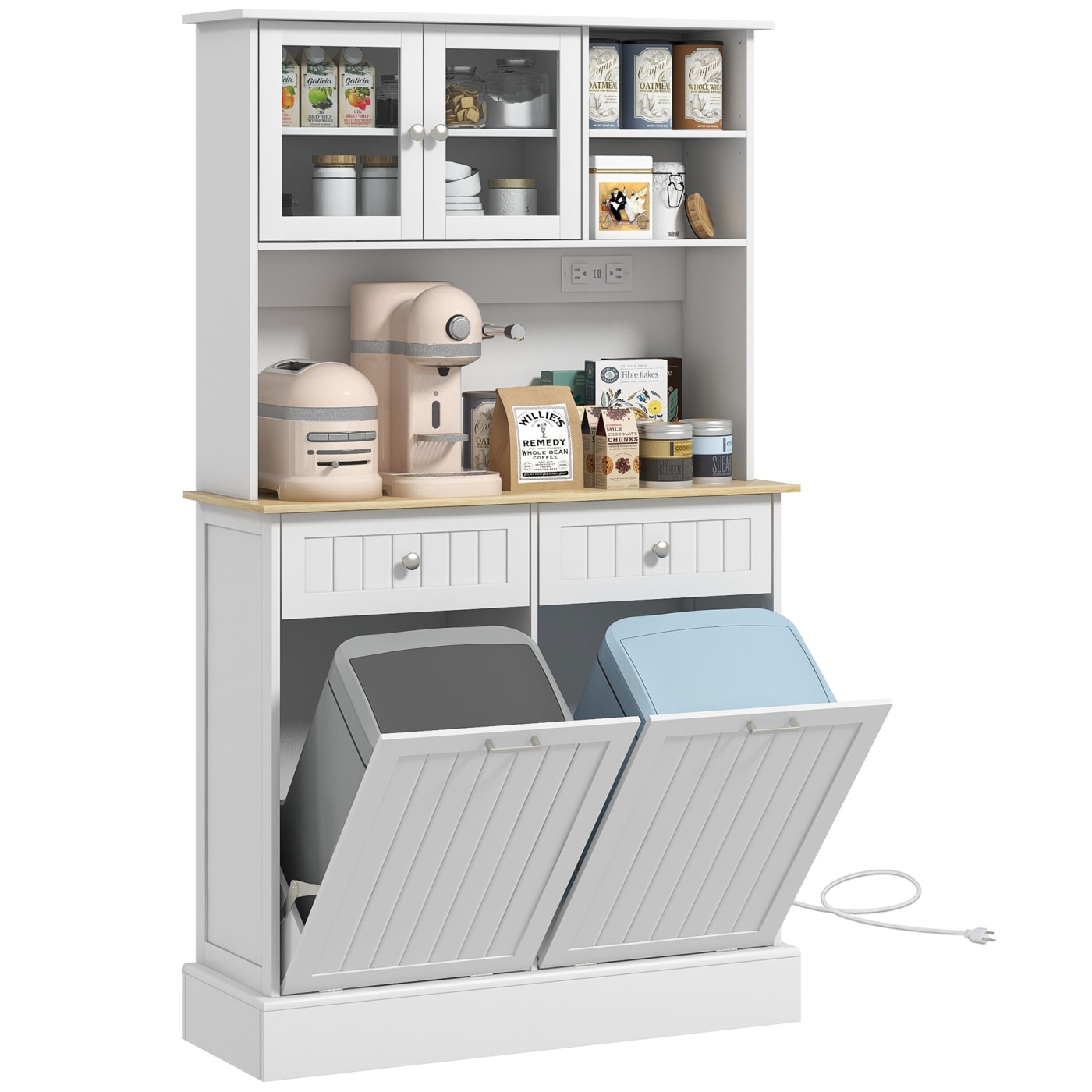 CHITA White Freestanding Pantry Cabinet with Display Doors and Adjustable Shelves for Kitchen Dining Room Pantry and Organized Household Storage