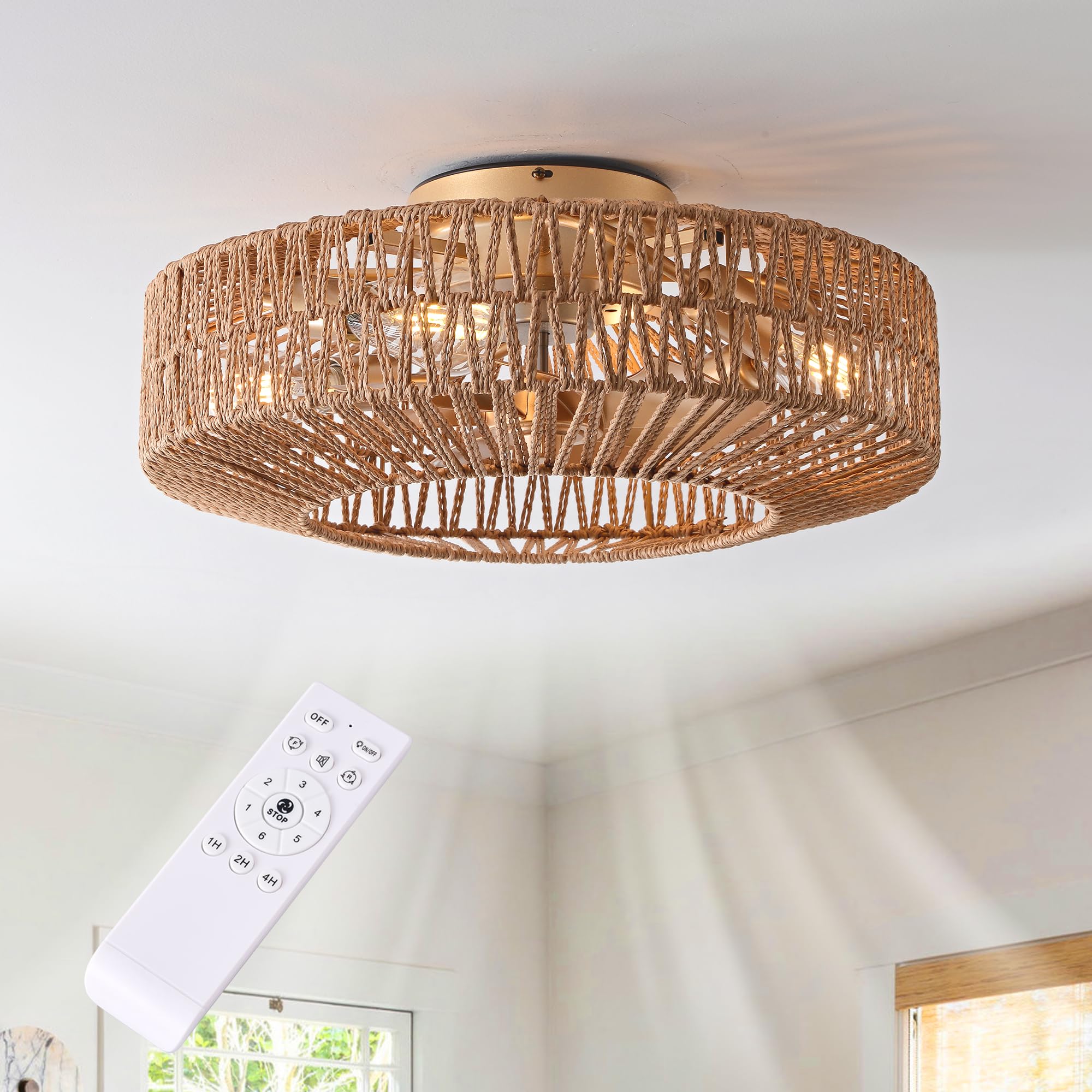Oyezvary  20 inch Boho Caged Ceiling Fan with Lights and Remote Control Low Profile Rattan Flush Mount Fan for Bedroom Living Room Kitchen