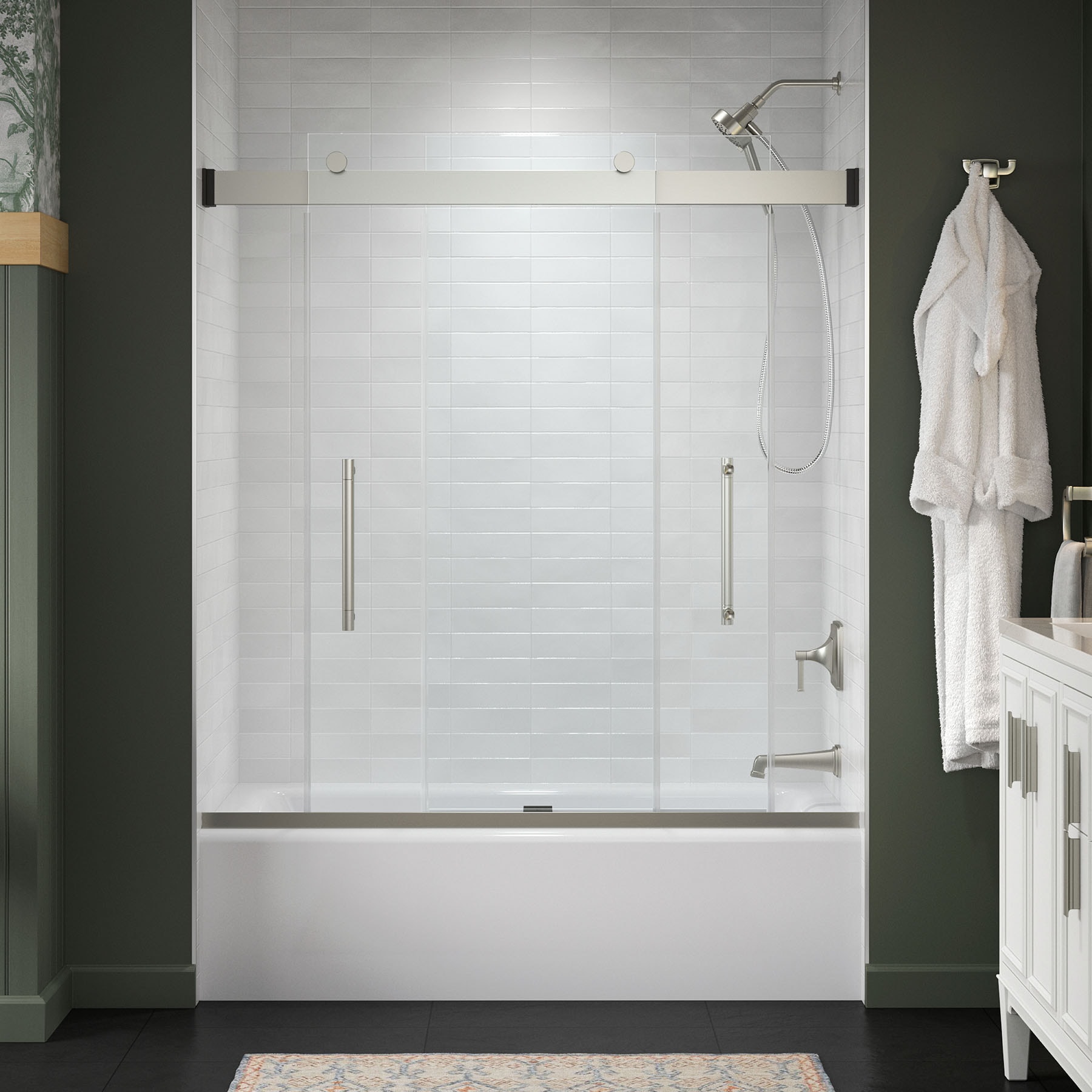 KOHLER 702476-8L-BNK Premise Anodized Brushed Nickel 56-in to 60-in W x 61.75-Inches H Frameless Sliding Soft Close Bathtub door