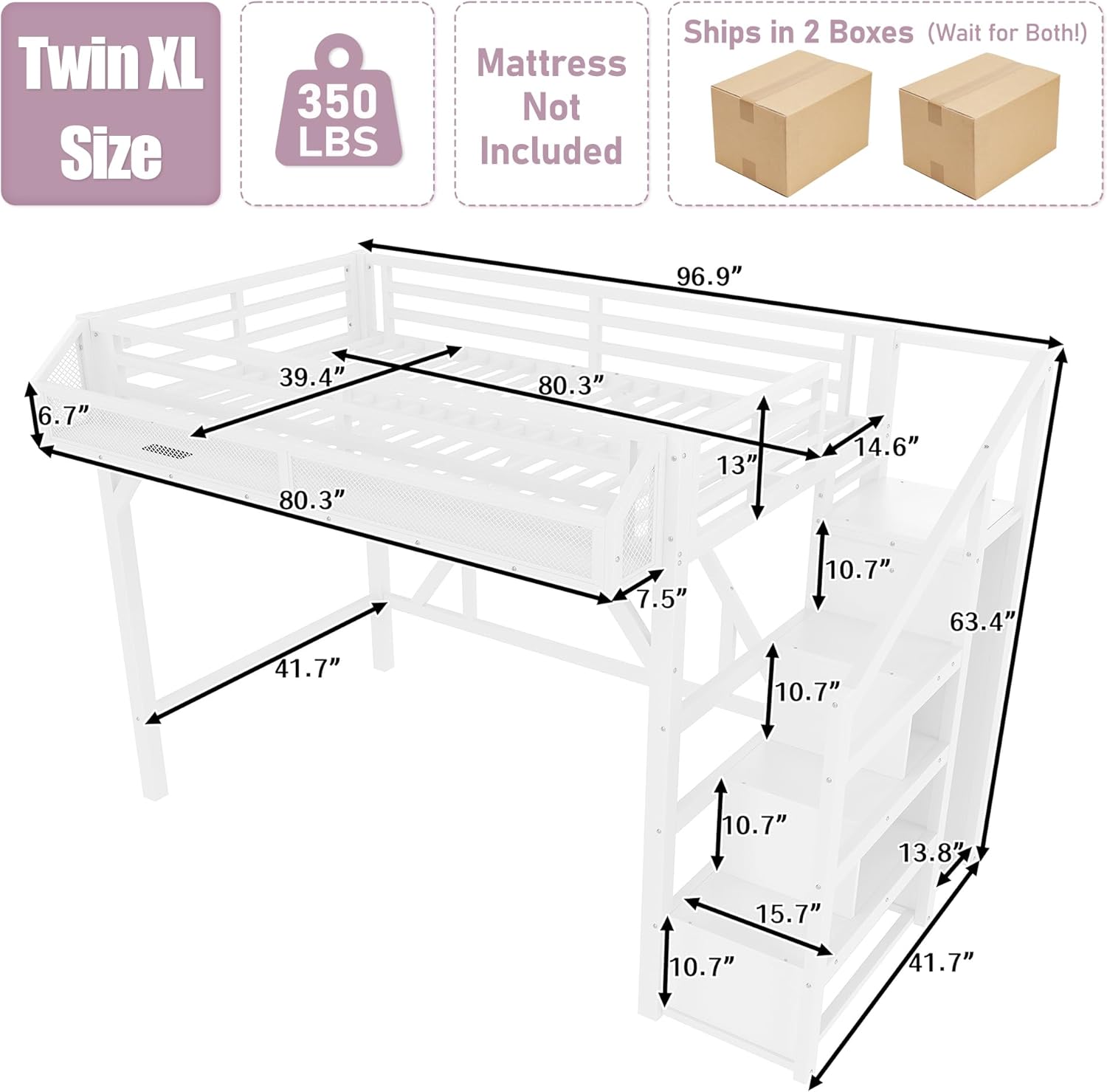 Bellemave White Twin XL Loft Bed with Storage Stairs Shelves Built-in ...