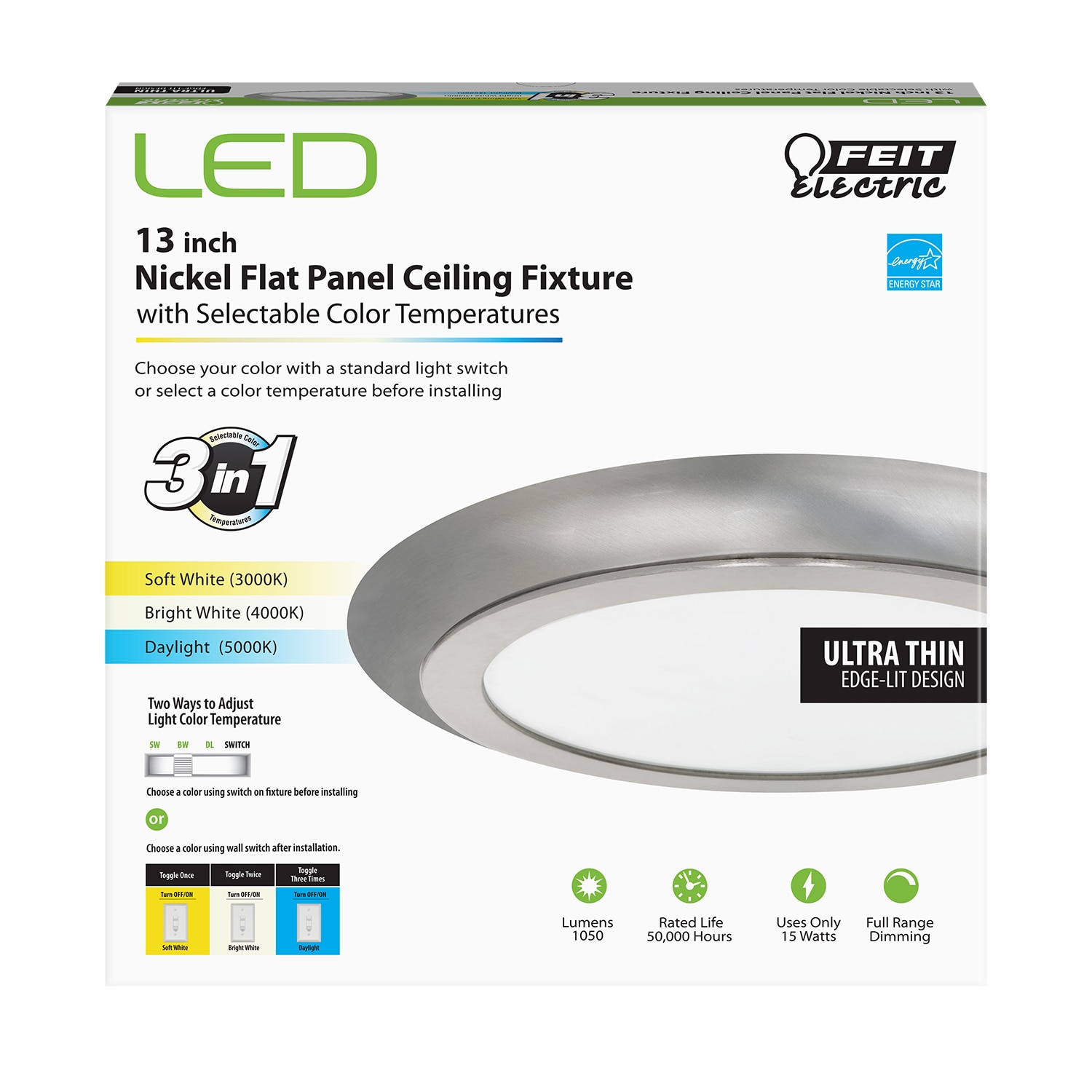 Feit Electric FP13D/4WY/NK EDGELIT 1 -Light 13-in Nickel Indoor/Outdoor Integrated LED Flush Mount Light ENERGY STAR Certified