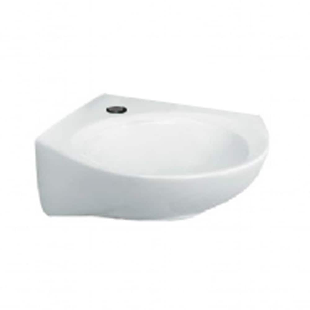 White Ceramic Corner Wall-Mount Bathroom Sink with Overflow