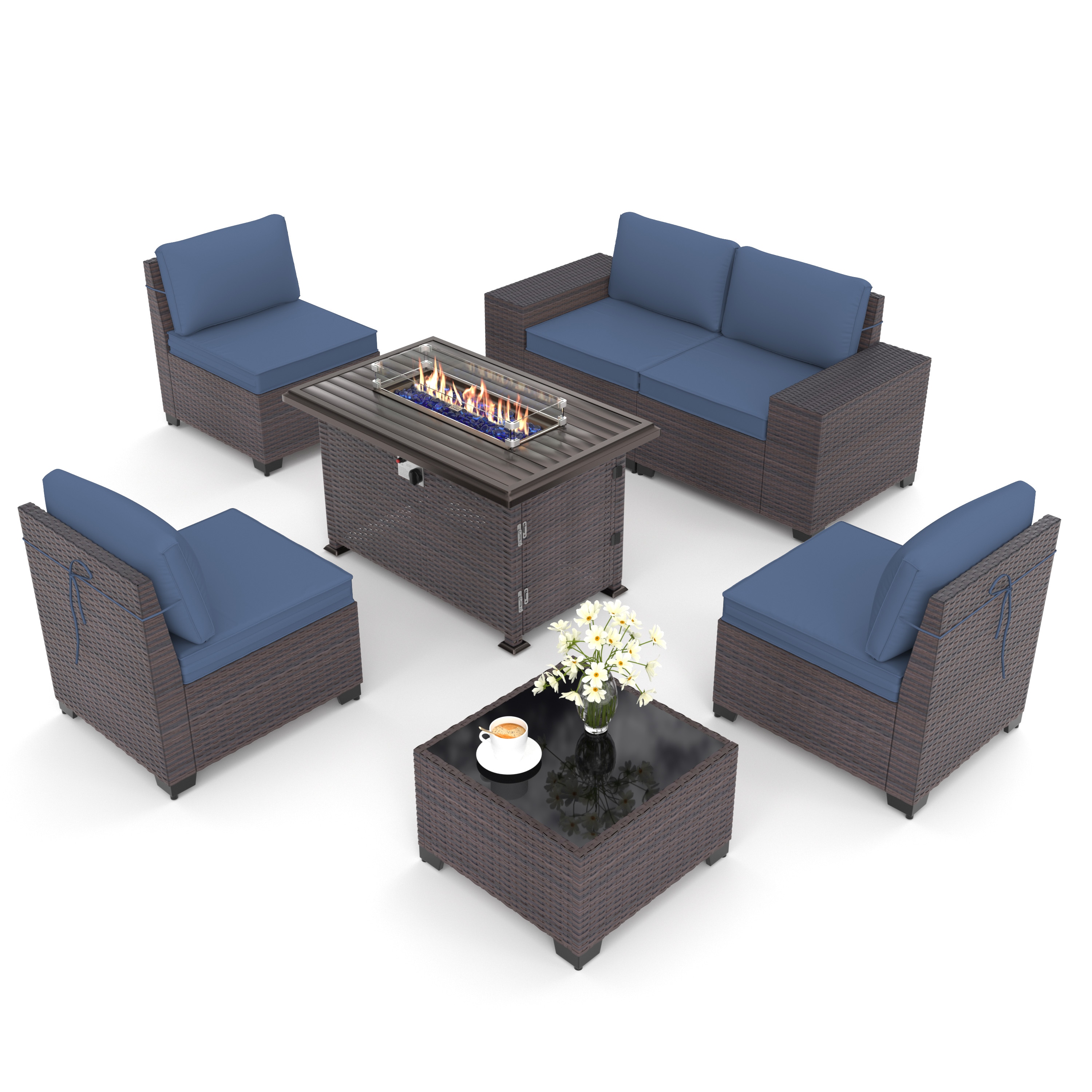 ALAULM LS-6PCS+FP-NAVY 7 -Piece Wicker Patio Sofa Conversation Set with Blue Cushions
