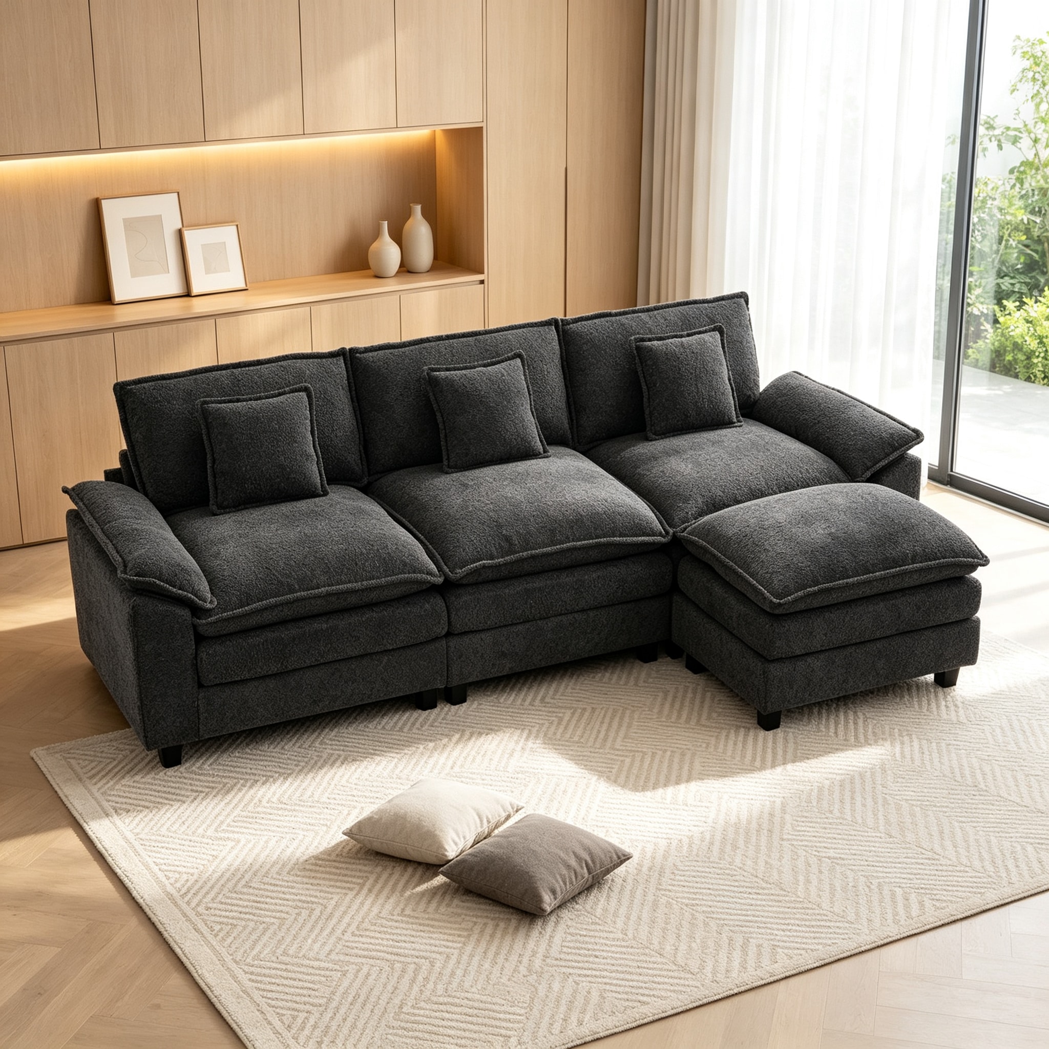 VOUA Modular Cloud Couch Whith Ottoman 105.9-in W Modern Black Chenille 3-seater Sectional