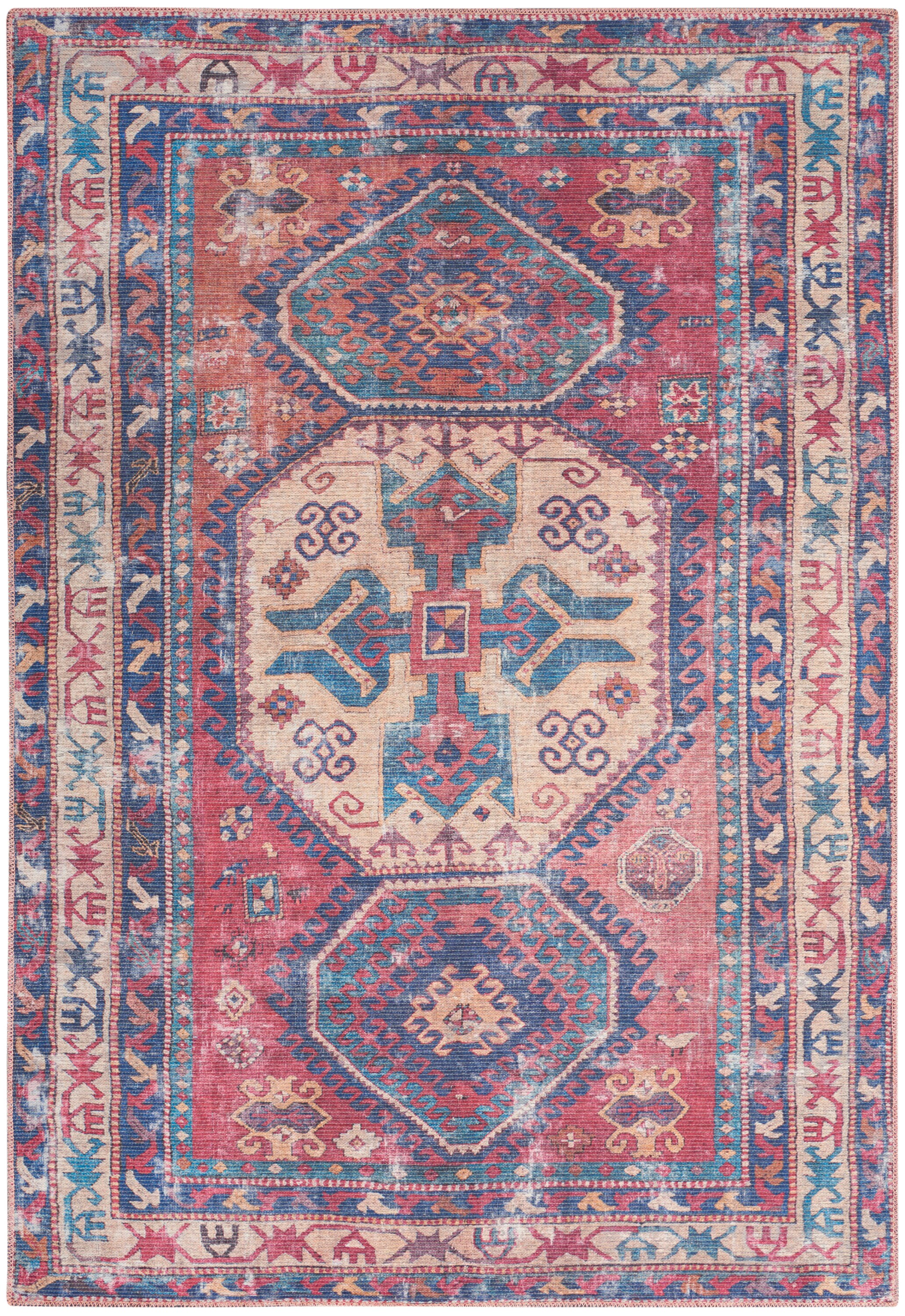 Vintage-Inspired Muted Red Medallion 4' x 6' Washable Rug