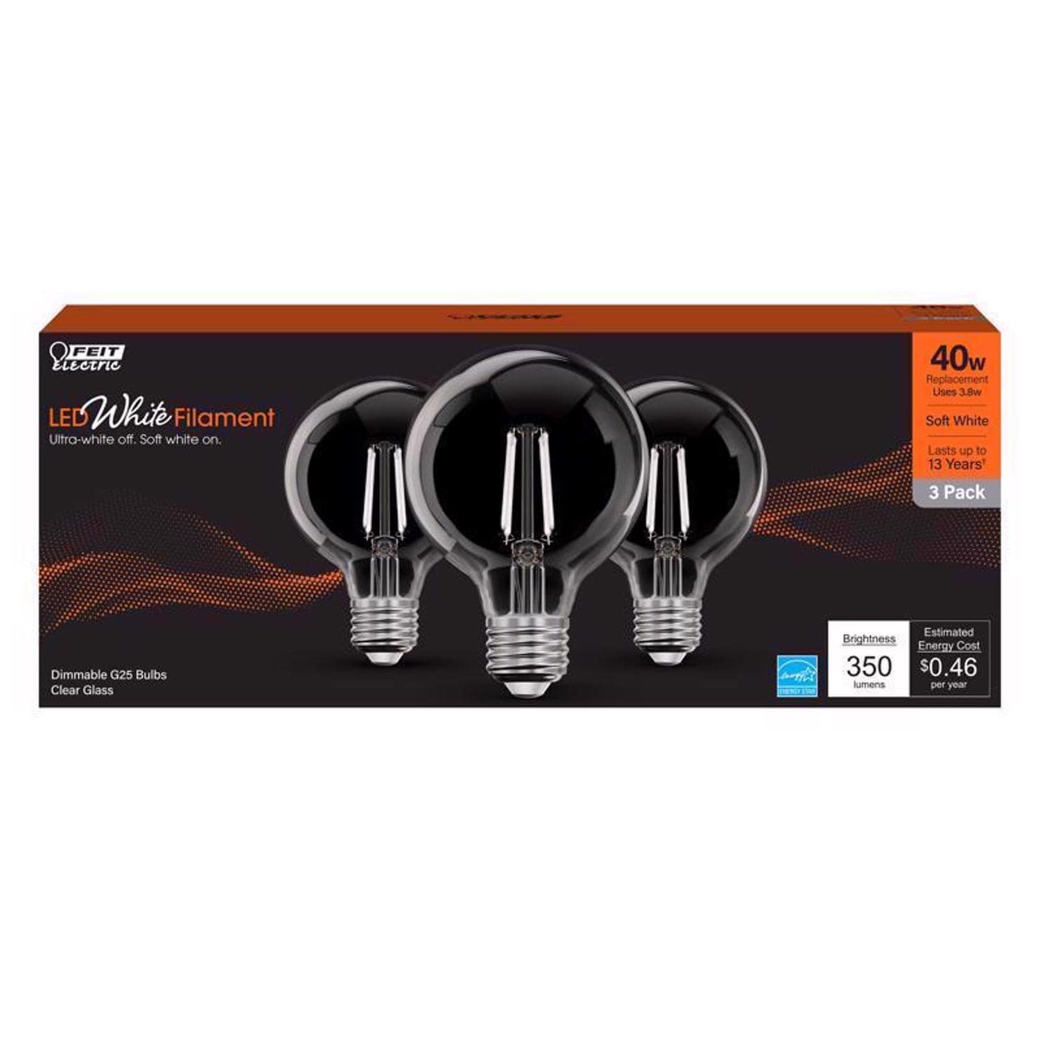 Feit Electric EJD3014457 White G25 E26 Medium Filament LED Bulb Soft White 40 Watt Equivalence 3 pk