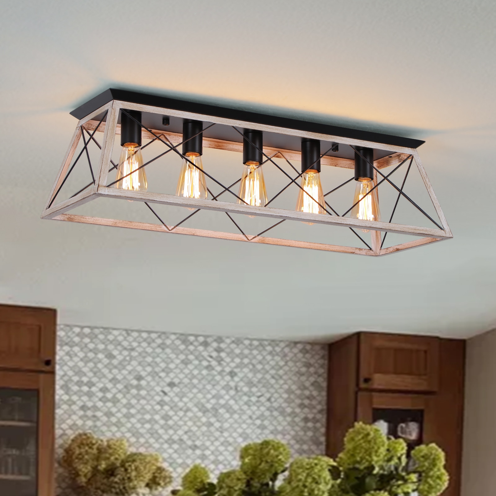 Zicbol 31.5-in Matte Black + Brushed Antique Indoor 5 -Light Flush Mount Light