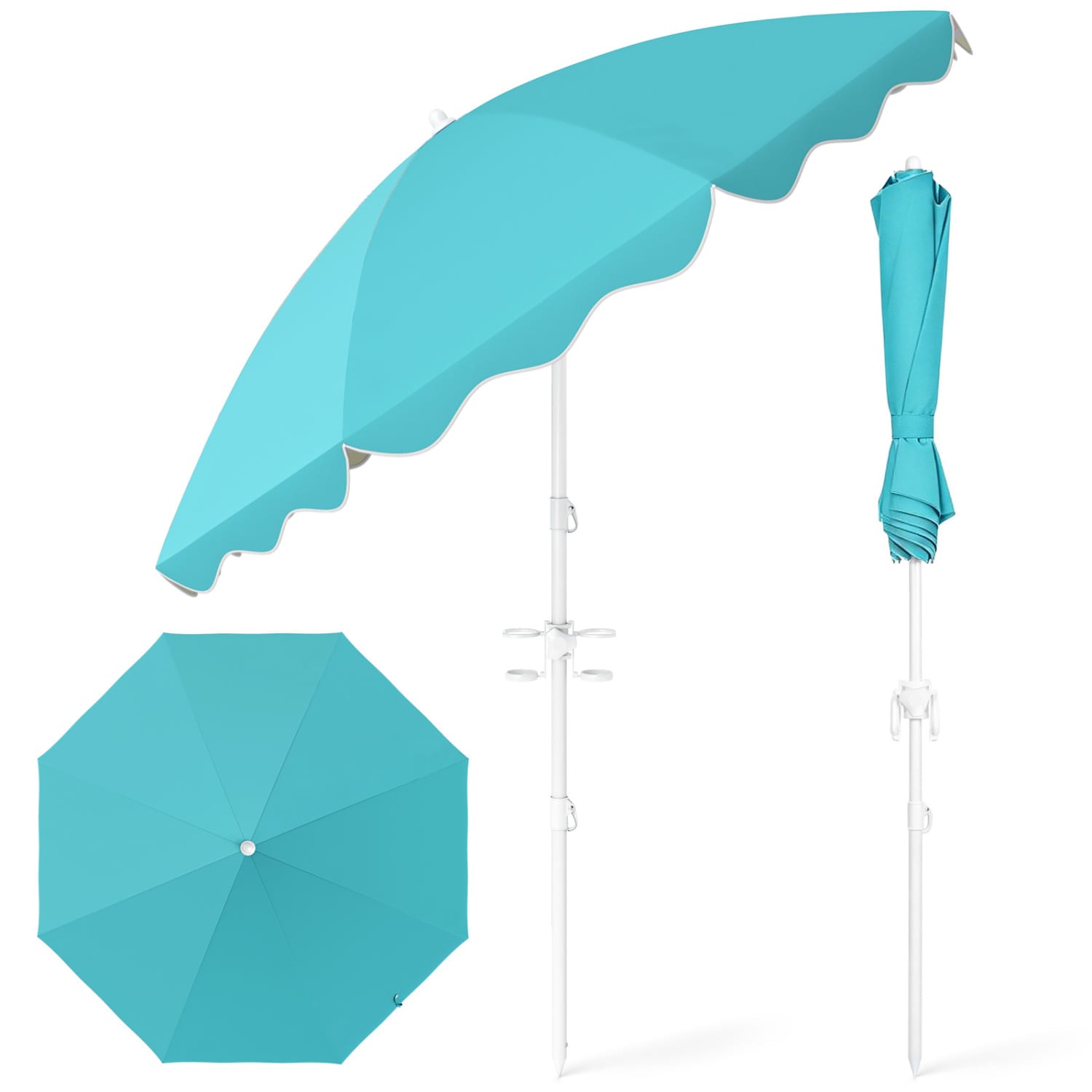 Slickblue - 6.5 ft Beach Umbrella with Push Button Tilt Adjustable Height Spiral Sand Anchor for ...
