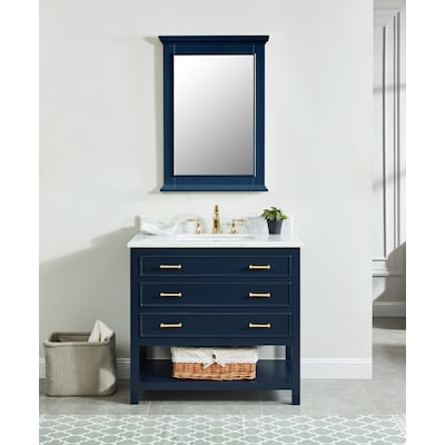Allen Roth Presnell 36 In Navy Blue Undermount Single Sink Bathroom Vanity With Carrara White Natural Marble Top The Vanities Tops Department At Com - Bathroom Images With Blue Vanity