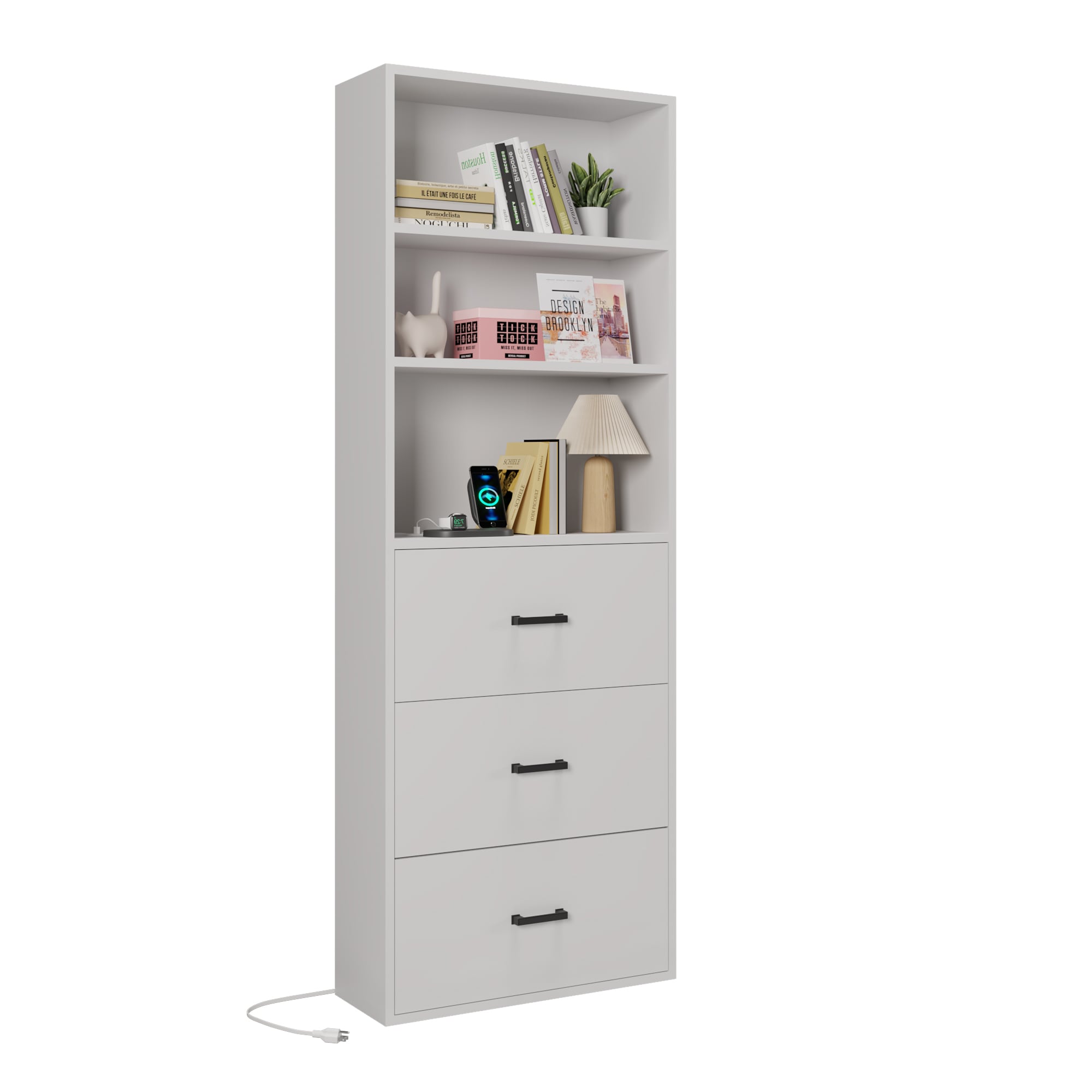 Outopee LO1G52005334 White MDF 3 -Shelf Bookcase ( 23.62-in W x 70.87-in H x 9.06-in D ) Finished