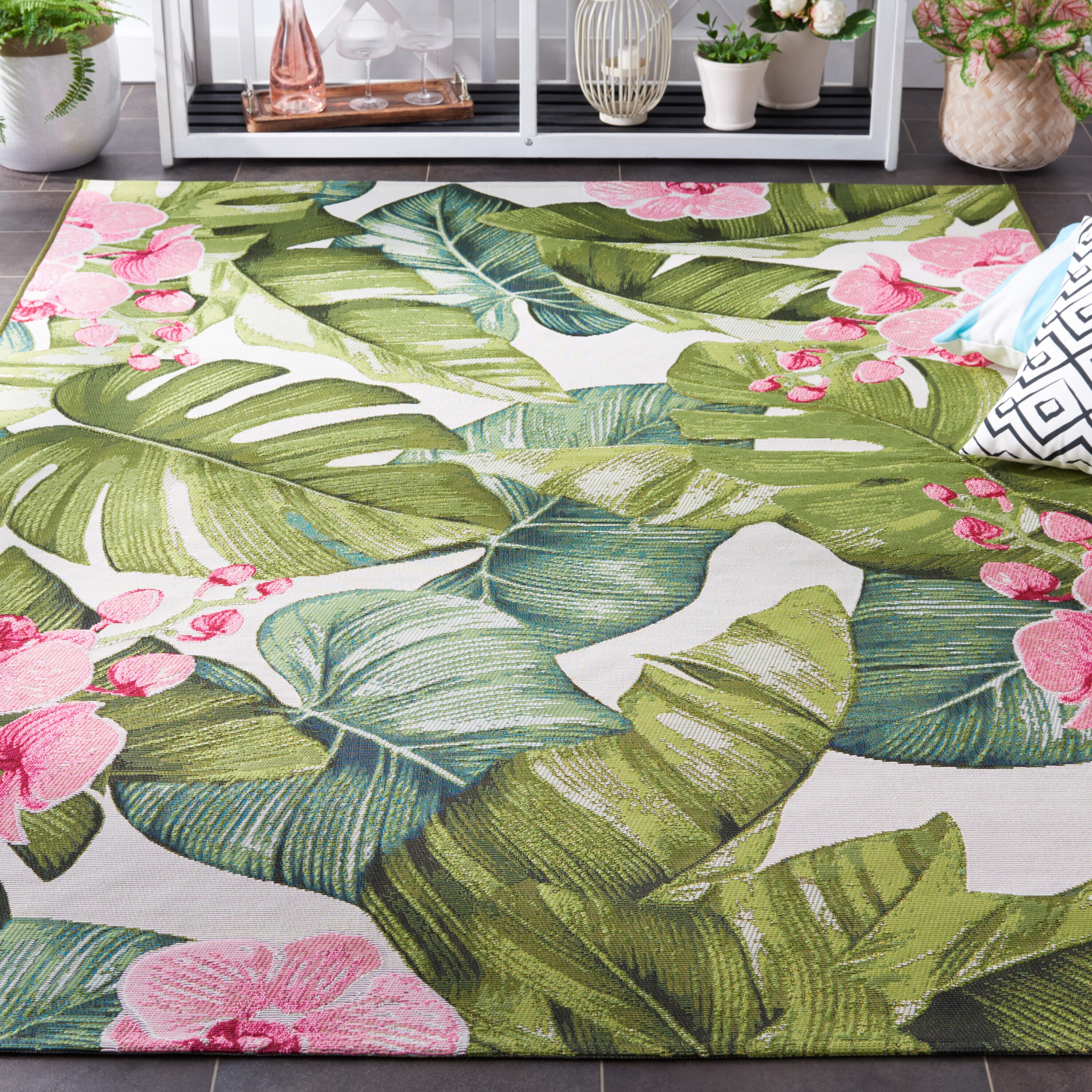 Tropical Green and Pink Synthetic Rectangular Area Rug, 5'3" x 7'6"