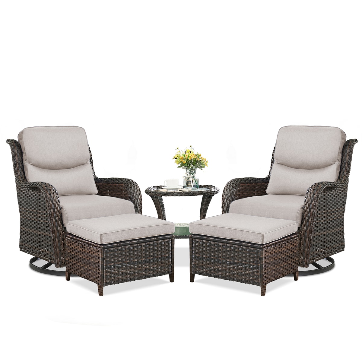 Rilyson FS035XL014-2 Smiley Set of 2 Wicker Brown Wicker Frame Swivel glider Conversation Chair with Brown Beige Cushioned Seat