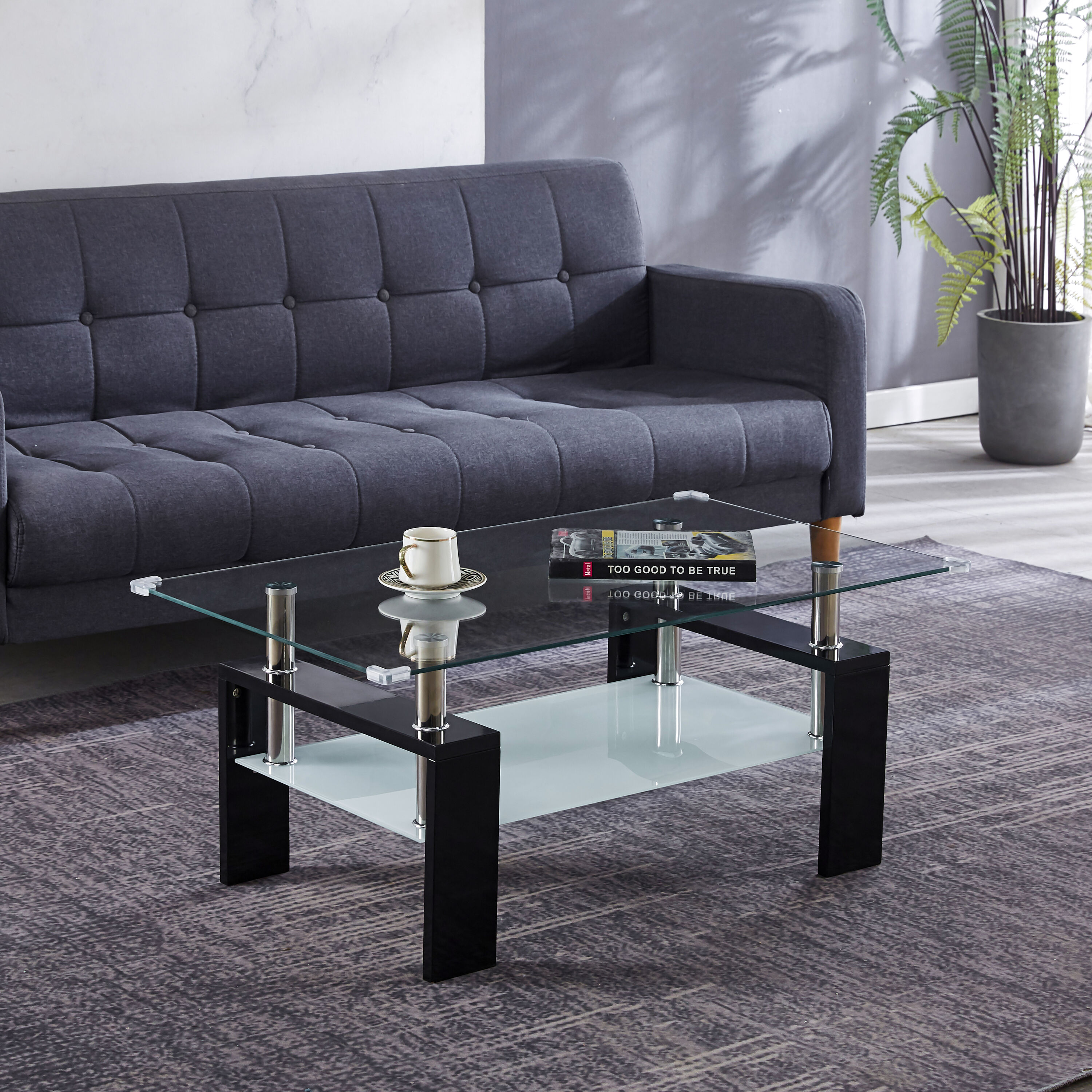 Tatayosi YXJ-Artisan Center Coffee Table Tempered Glass Top Stainless Steel Legs for Living Room Black