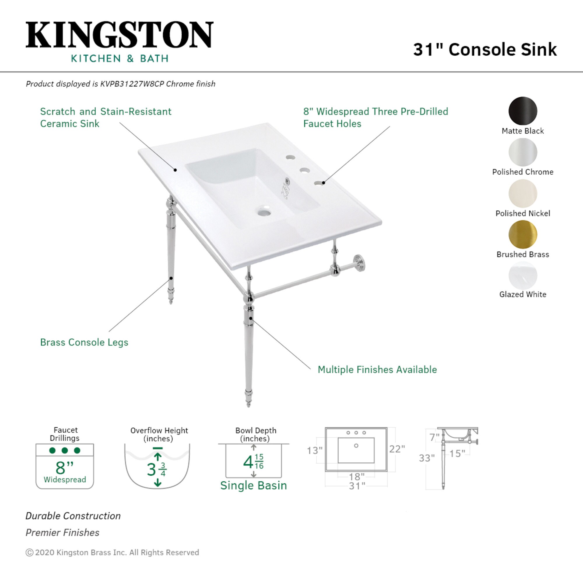 Kingston Brass WLKVPB31227W8MB Bath-Sink - View #2