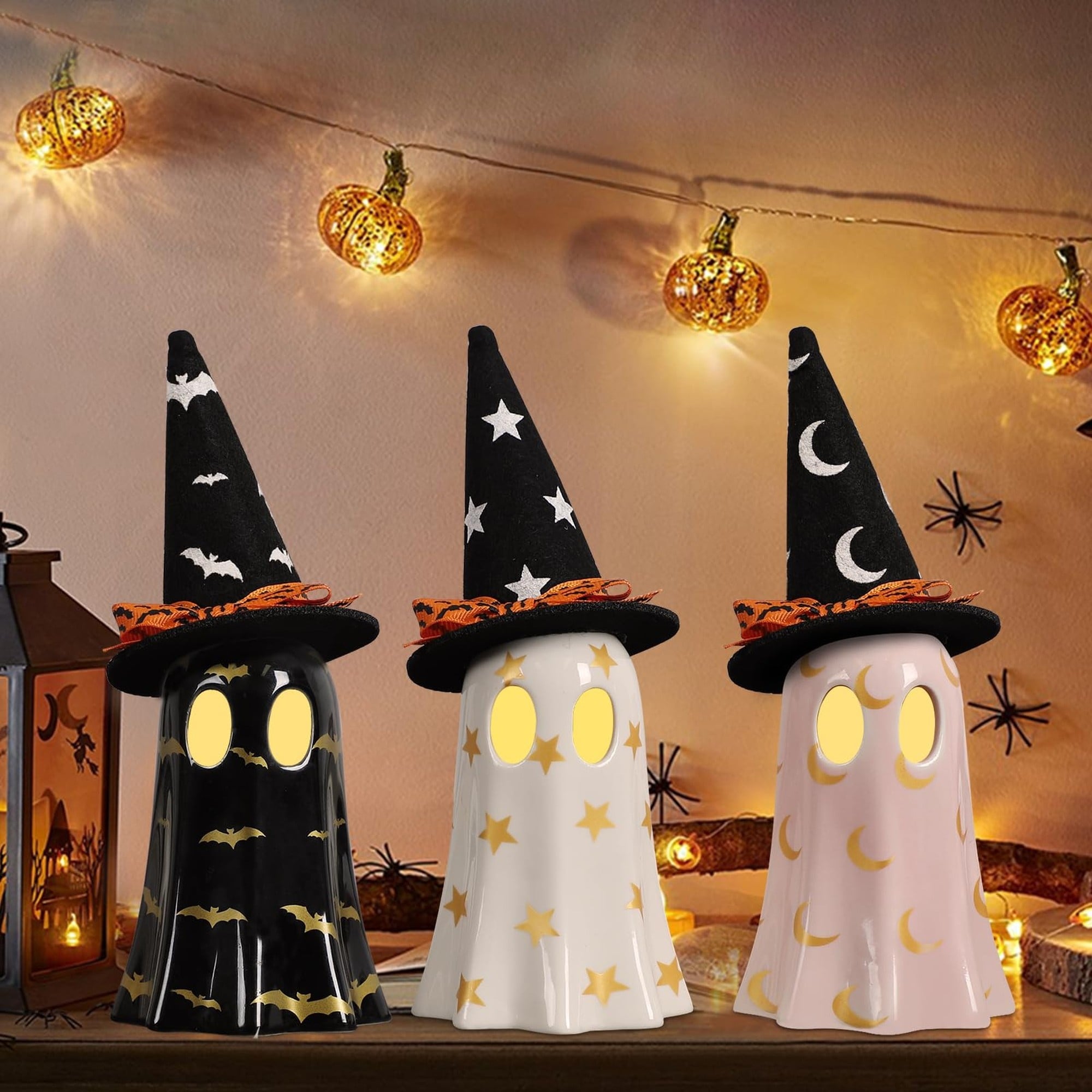 Numhew Ceramic Ghost Figurines 3-Piece Black White and Pink Halloween Decor
