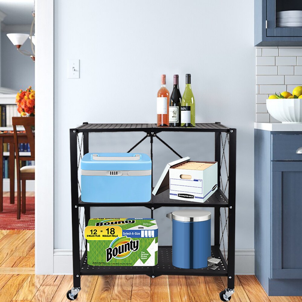 Foldable Storage Shelves Unit, 3-Tier Small Folding Utility Shelf Shelving  Rack Organizer with Rolling Wheels for Temporary or Mobile Storage in