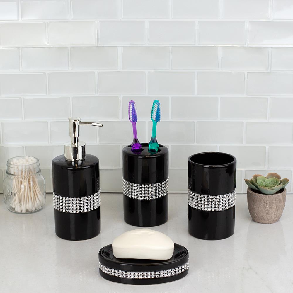 Home Basics 4 Piece Luxury Bath Accessory Set with Stunning Sequin Accents,  Black, BATH ORGANIZATION