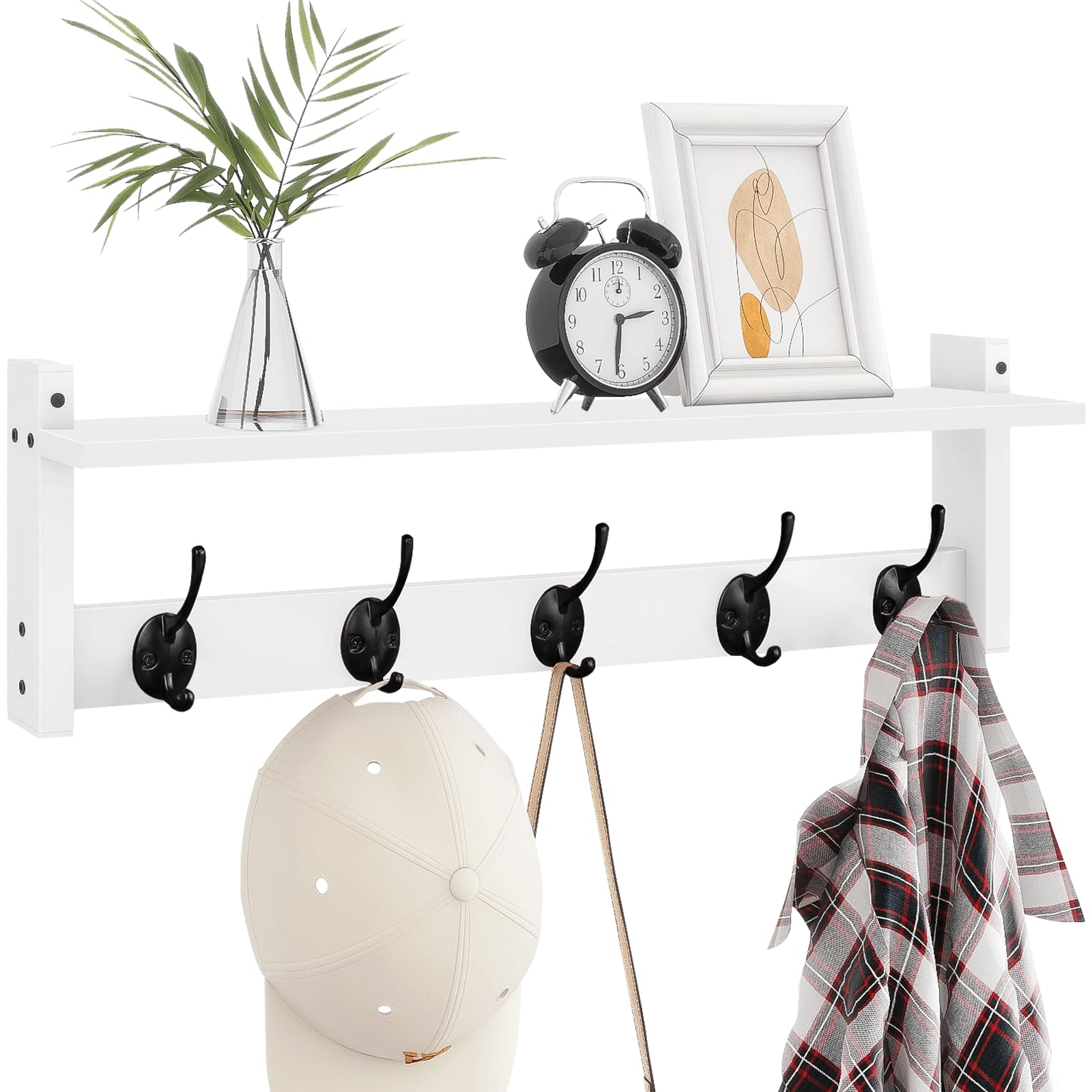 Wudkey - 24 Inch Rustic White Wall Mounted Coat Rack with Shelf and 5 Double Hooks Entryway Stora...