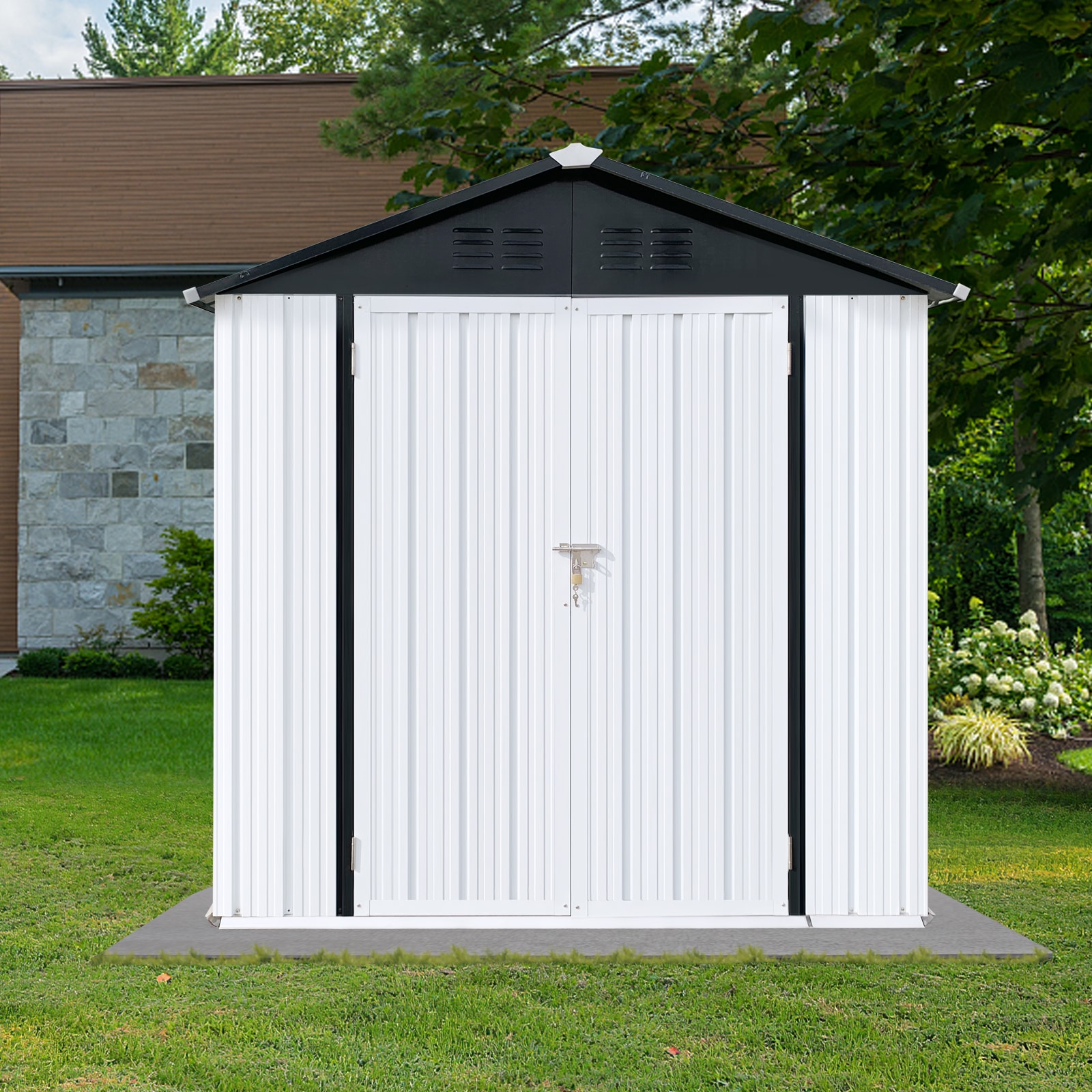 GDFStudio 336849 Outdoor Storage Shed 6x4FT Apex Roof White and Black
