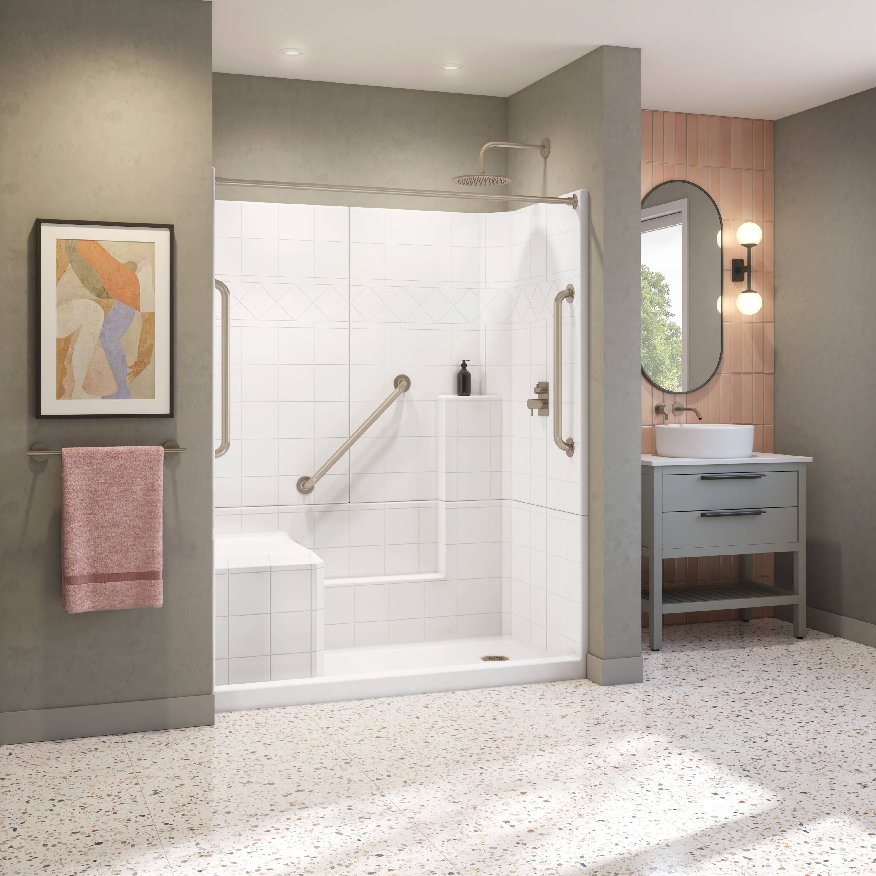 Laurel Mountain Loudon 3 -Piece 33-in W x 60-in L x 77-in H Rectangular Alcove shower kit ( Right Drain) with Integrated Seat Base and Wall Included and Drain Included Brushed nickel Hardware Included #LM6032SH1S3PLWB2