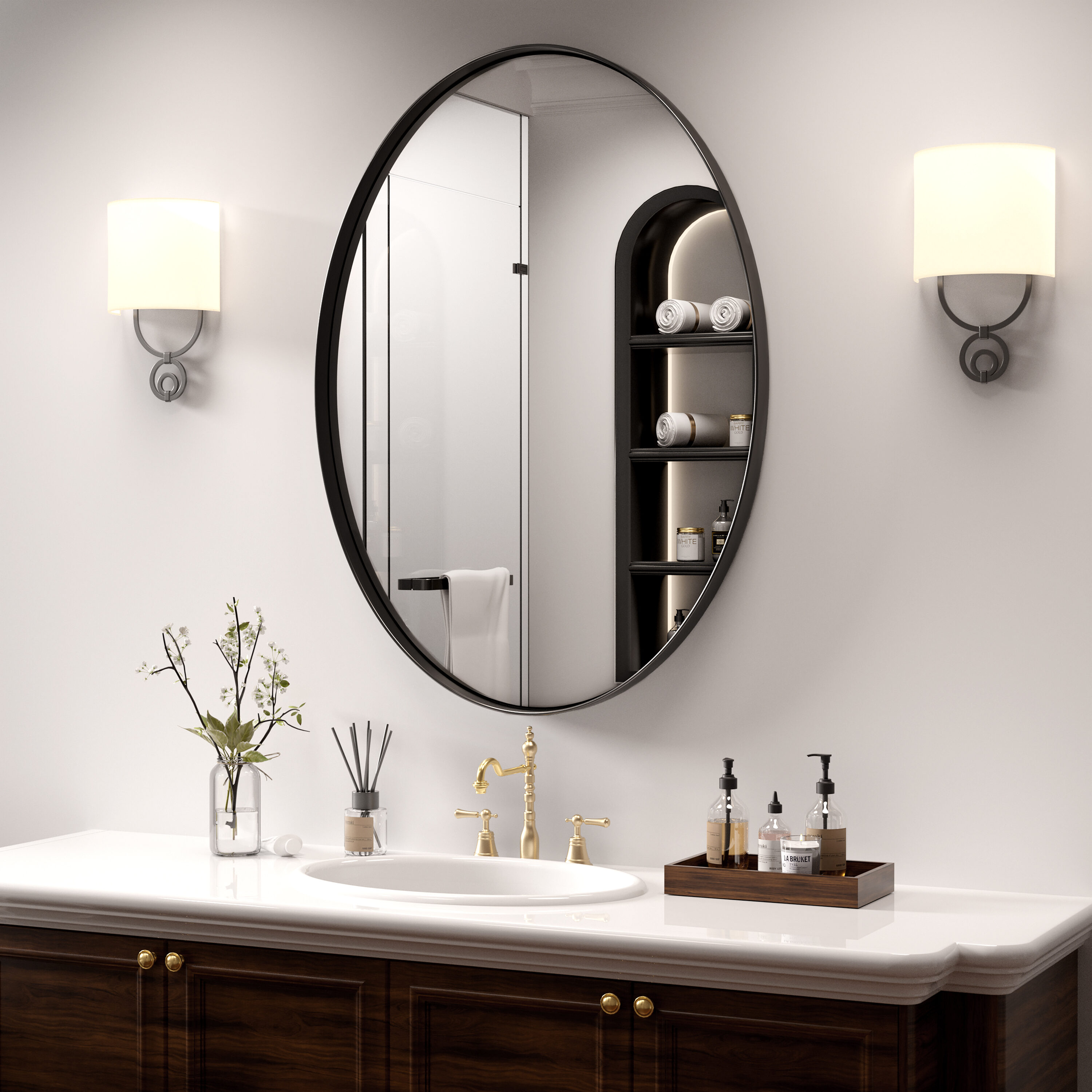 Clavie 24-in W x 36-in H Oval Brushed Black Framed Wall Mirror  LS-24361-SOBL at Lowes.com