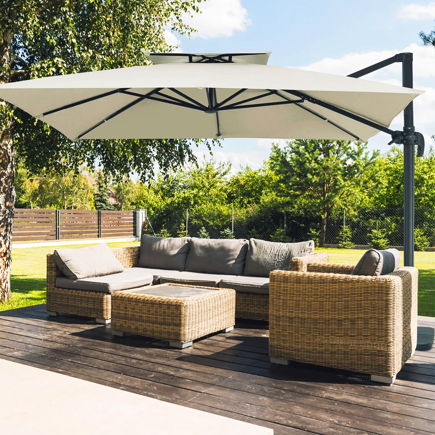JEAREY 11-ft Aluminum Off-white Crank Cantilever Patio Umbrella with Lights
