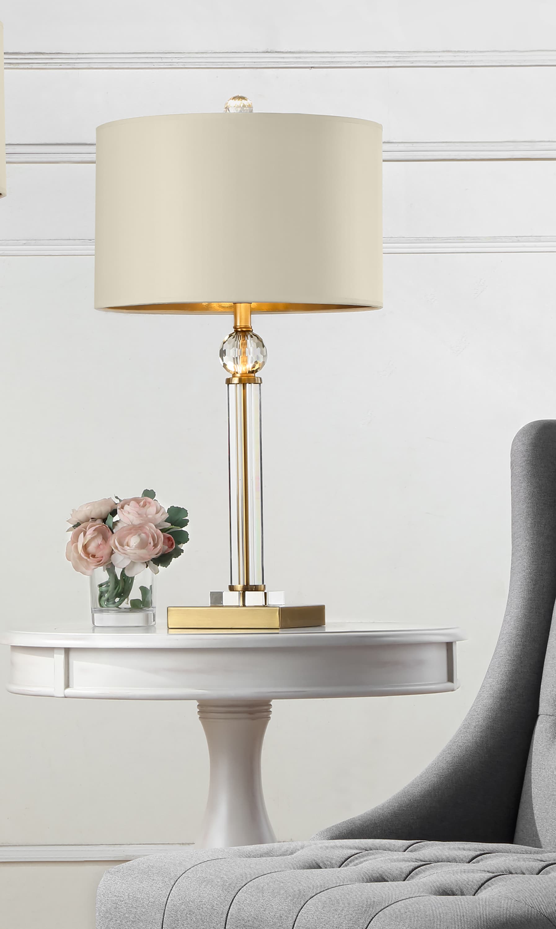 29.5" Gold and Crystal Column Table Lamp with White Linen Shade